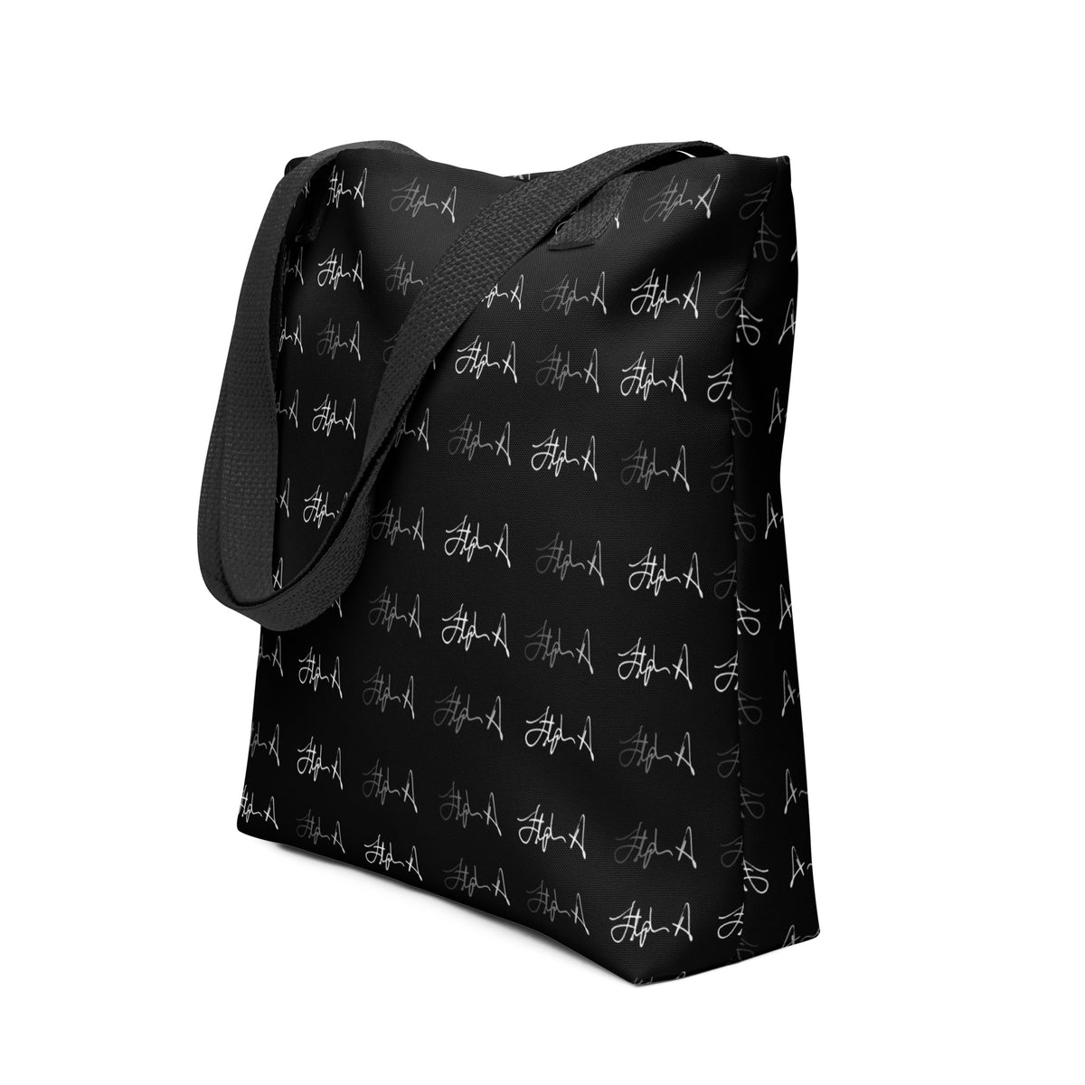 Black tote bag with gold text pattern on a white background Stephen Allen Music