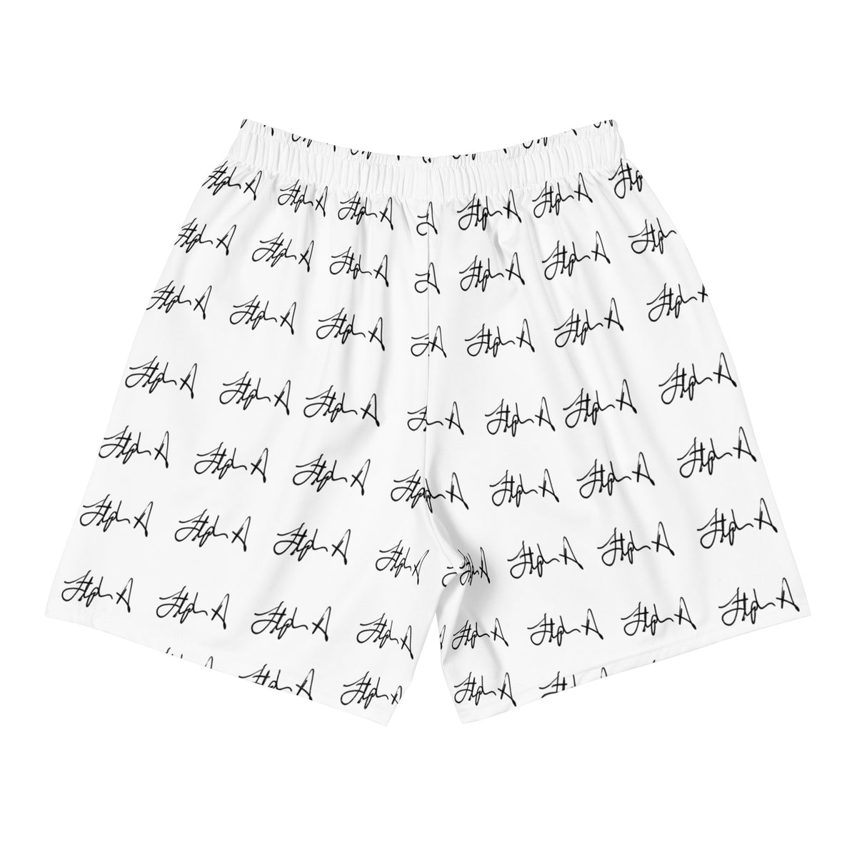 White shorts featuring an all-over black script signature pattern, displayed flat against a solid white background. Stephen Allen Music