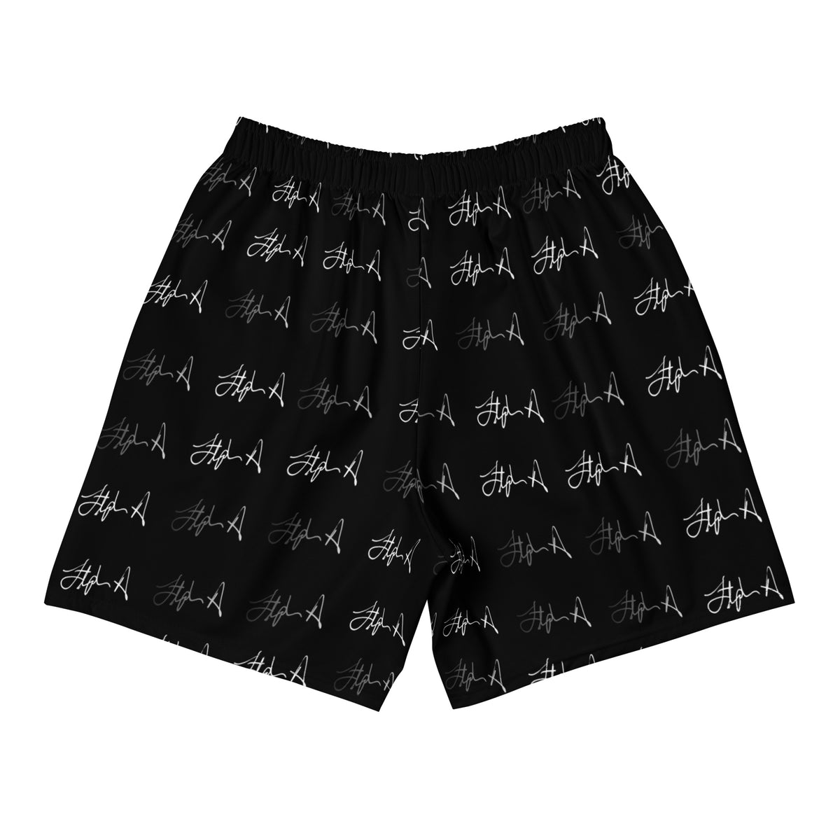 Black athletic shorts with an all-over white script logo pattern, displayed flat against a solid white background. Stephen Allen Music