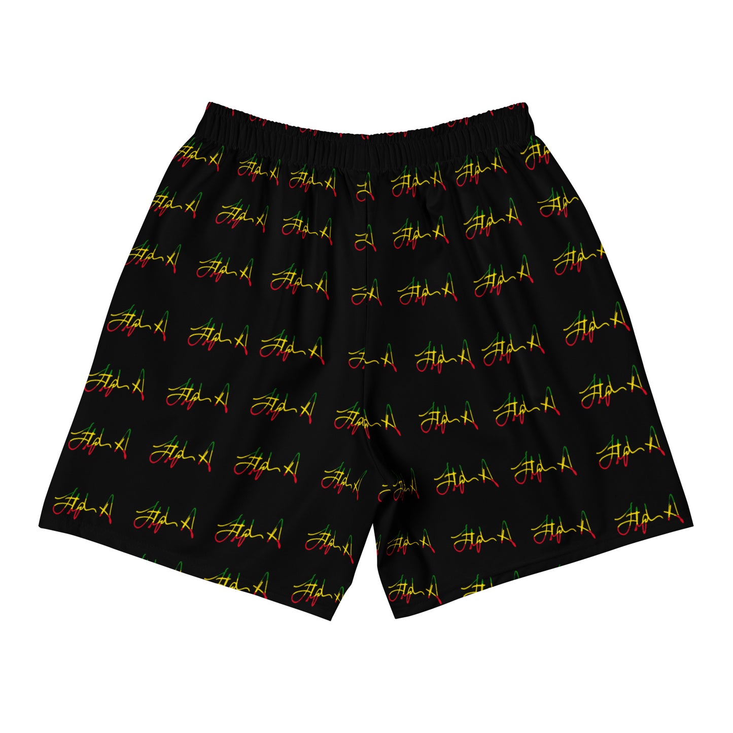 Black athletic shorts featuring an all-over repeating pattern of stylized red and yellow script logos, displayed flat against a solid white background. Stephen Allen Music
