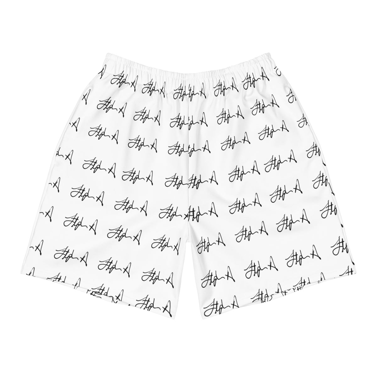 White shorts featuring an all-over black script signature pattern, displayed flat against a solid white background. Stephen Allen Music