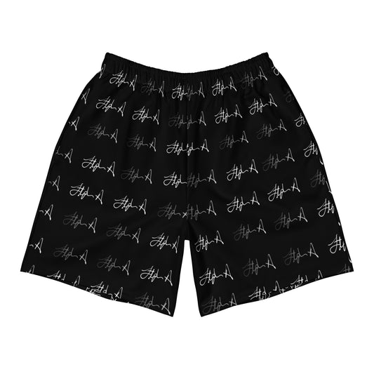 Black athletic shorts with an all-over white script logo pattern, displayed flat against a solid white background. Stephen Allen Music