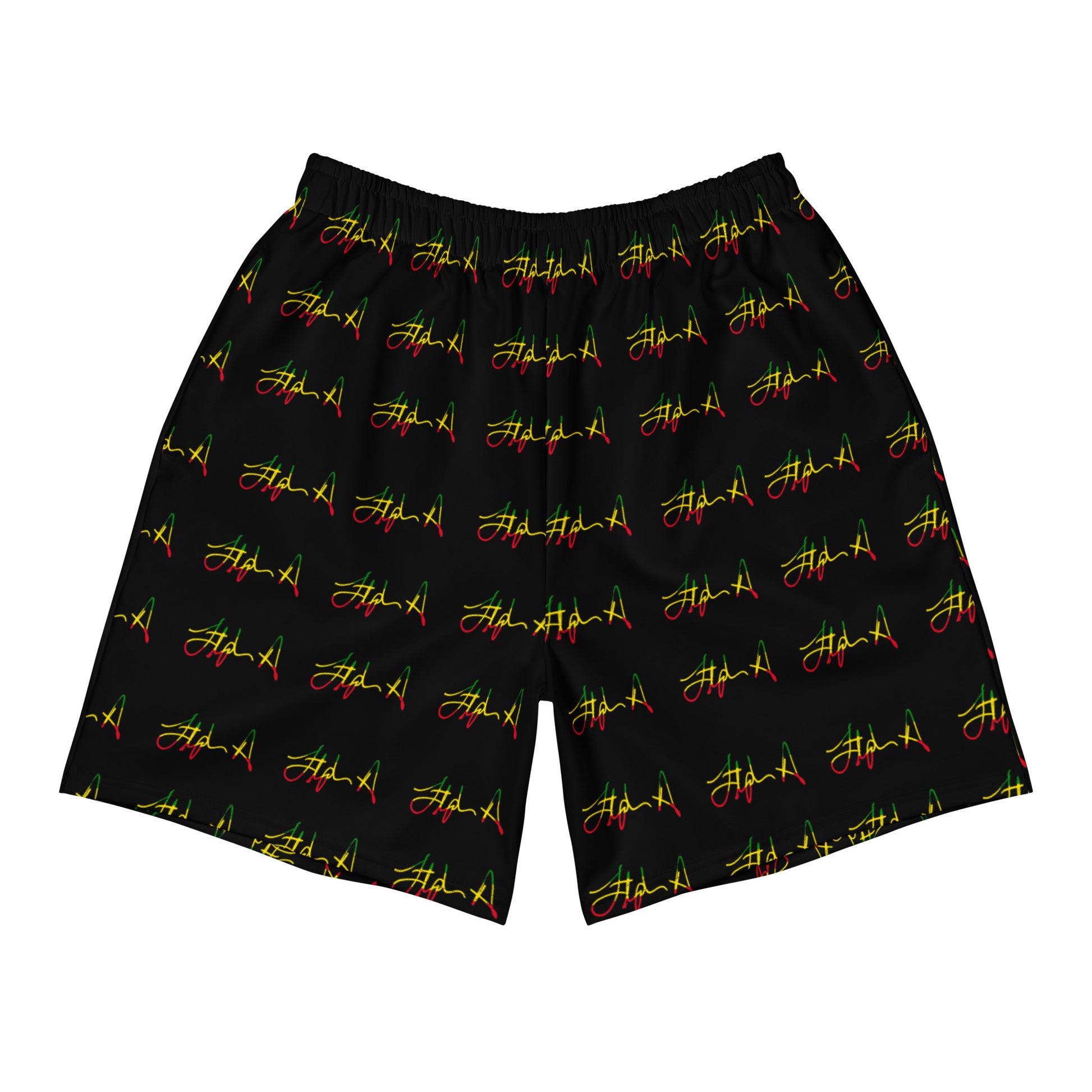 Black athletic shorts featuring an all-over repeating pattern of stylized red and yellow script logos, displayed flat against a solid white background. Stephen Allen Music