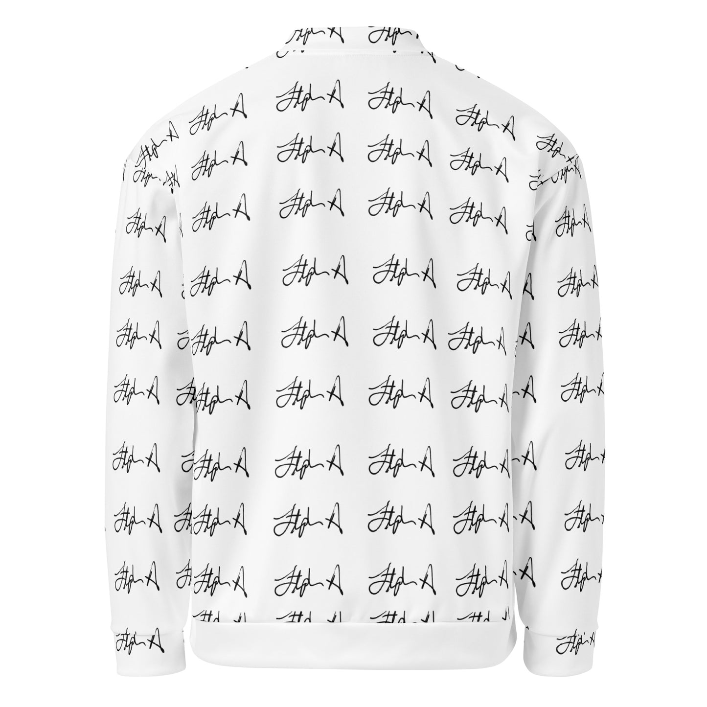 A white zip-up jacket with an all-over black script logo print, shown on a plain white background. Stephen Allen Music