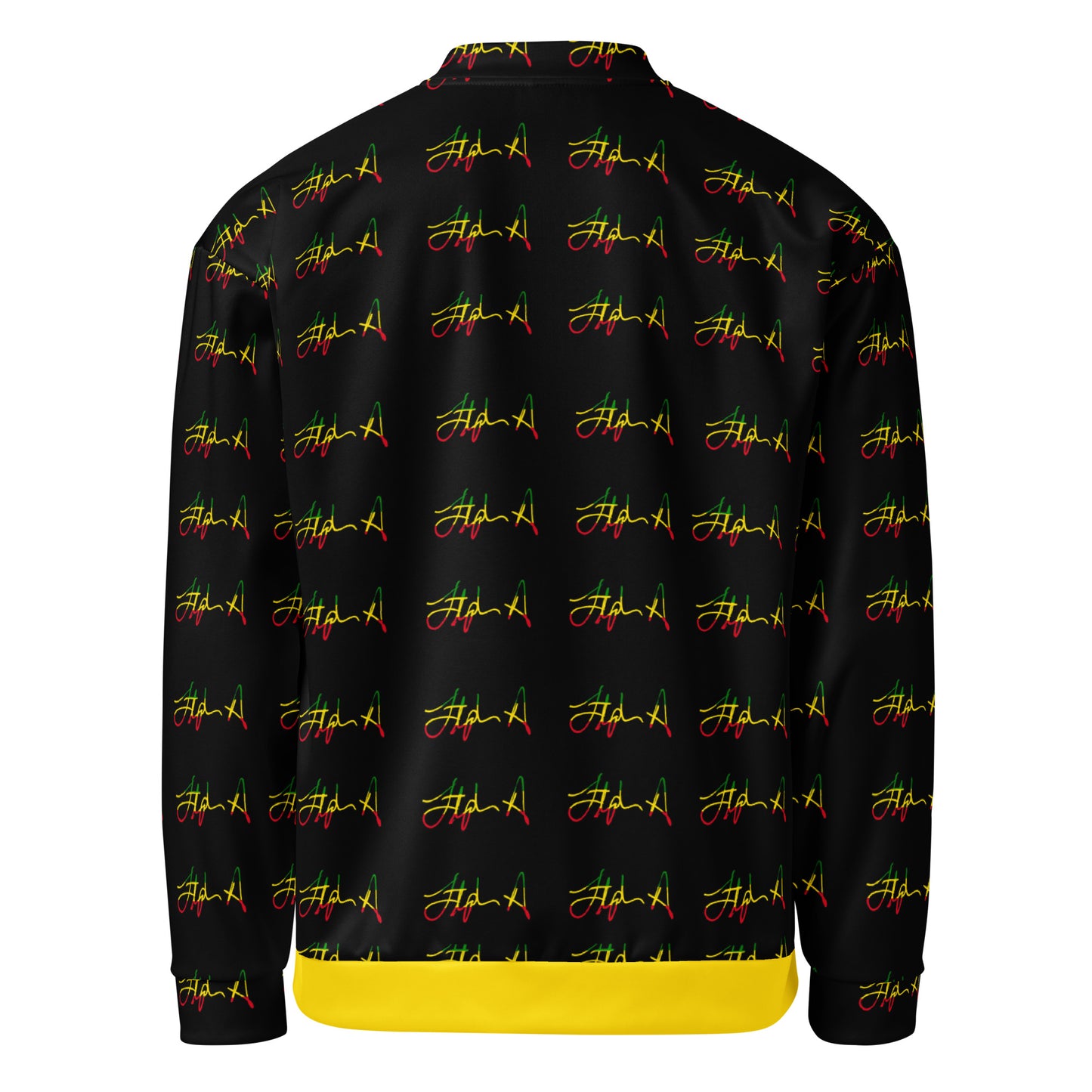A black zip-up jacket featuring an all-over repeating script pattern in red, yellow, and green, with a solid yellow hem and matching yellow and green accents on the side pockets. Stephen Allen Music