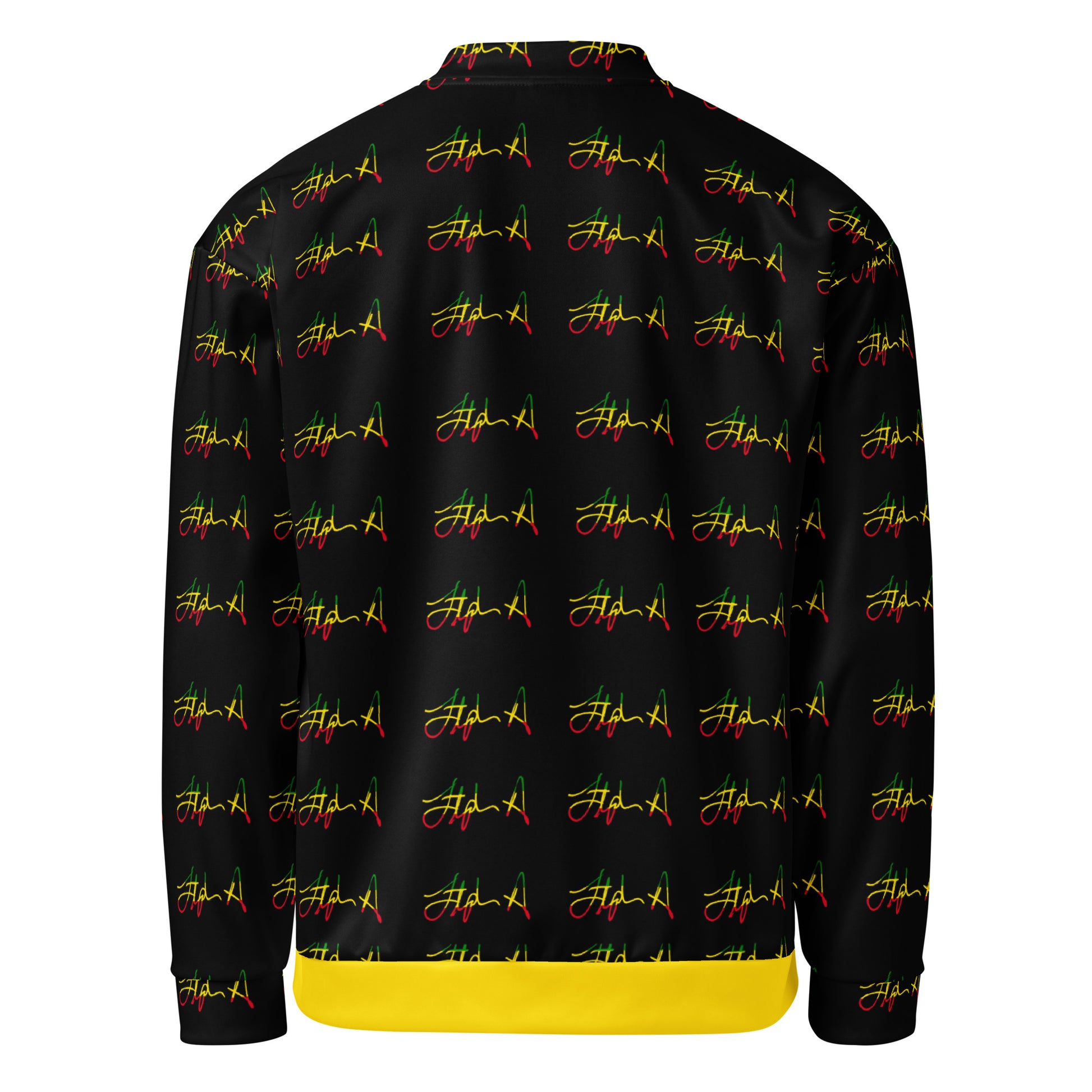 A black zip-up jacket featuring an all-over repeating script pattern in red, yellow, and green, with a solid yellow hem and matching yellow and green accents on the side pockets. Stephen Allen Music