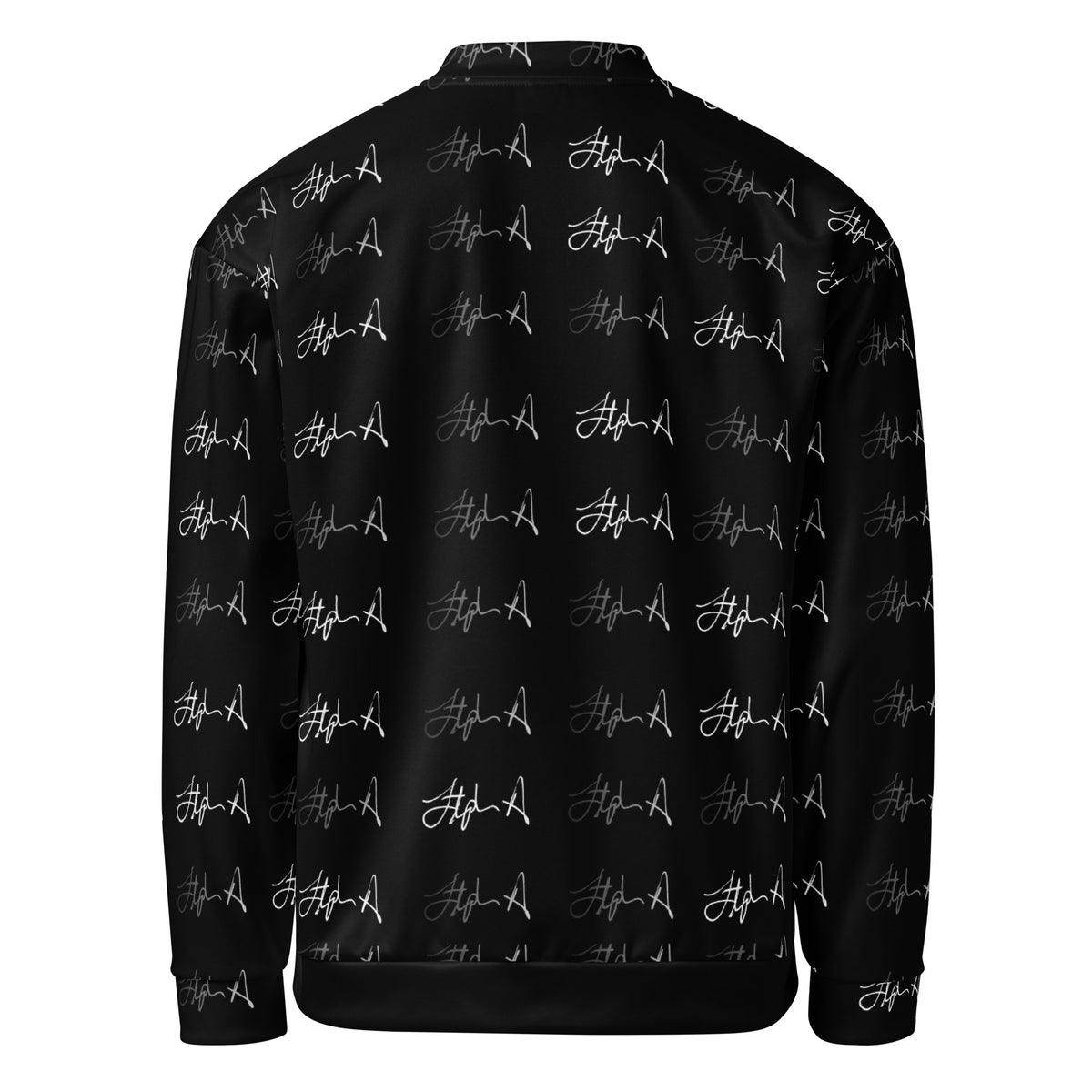 A black zip-up jacket with an all-over white script pattern, shown on a plain white background. Stephen Allen Music