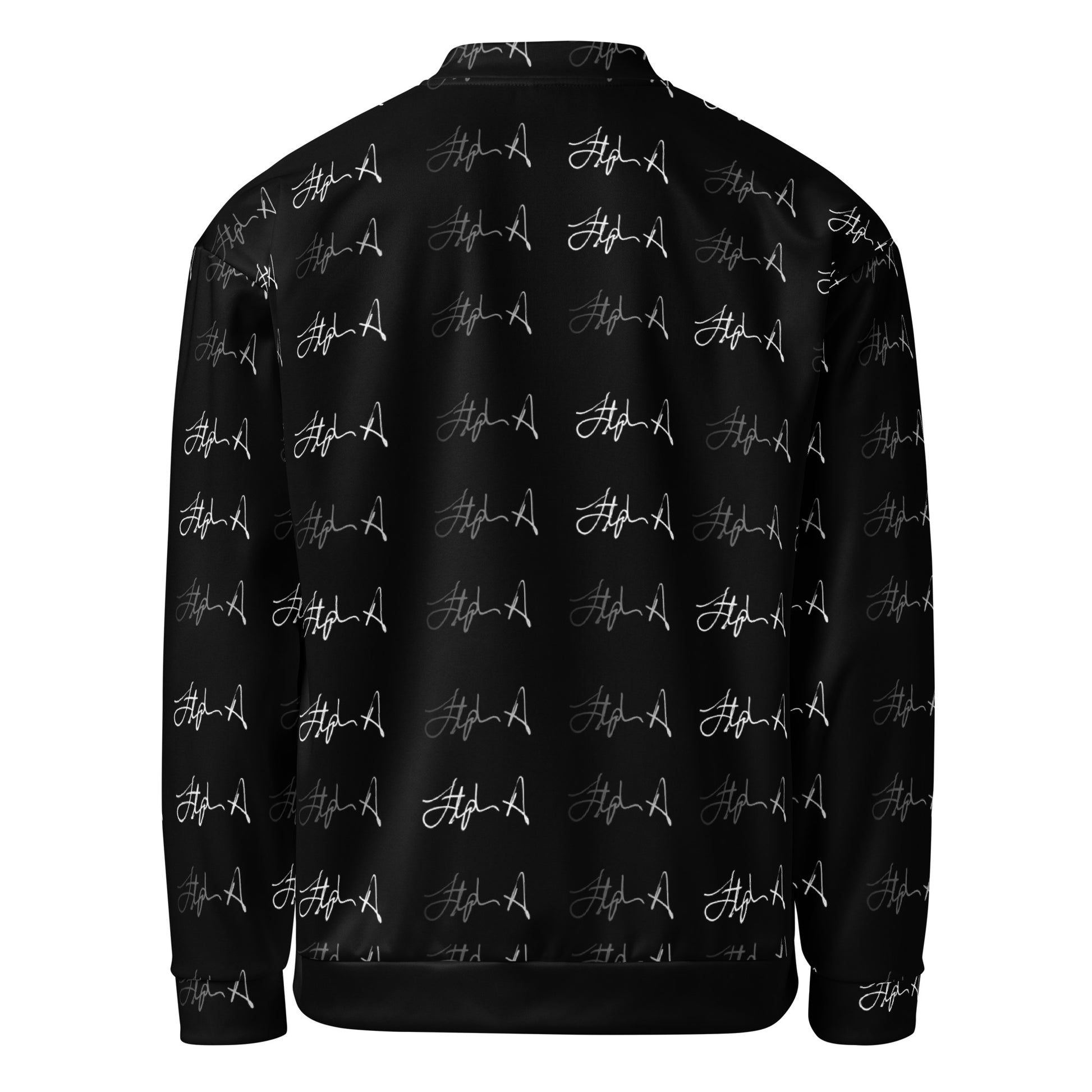 A black zip-up jacket with an all-over white script pattern, shown on a plain white background. Stephen Allen Music