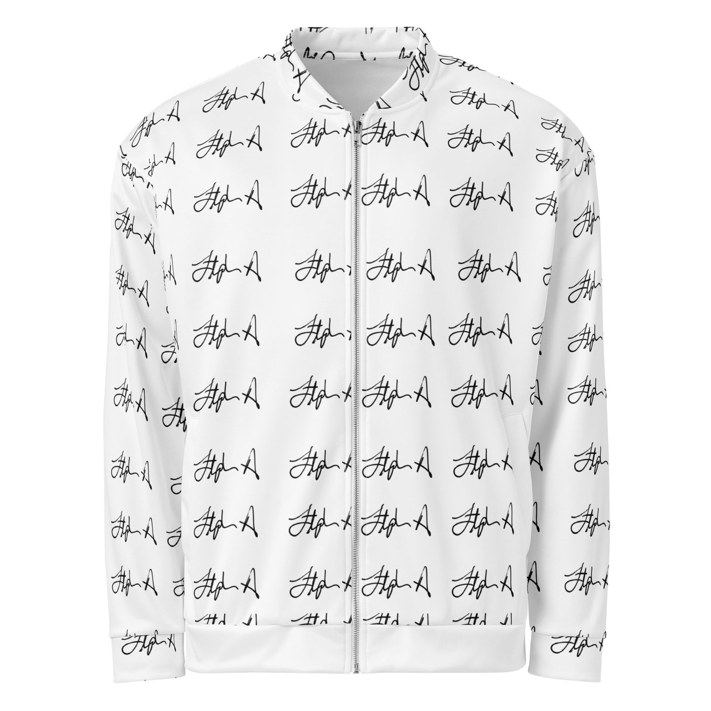 A white zip-up jacket with an all-over black script logo print, shown on a plain white background. Stephen Allen Music