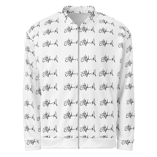A white zip-up jacket with an all-over black script logo print, shown on a plain white background. Stephen Allen Music