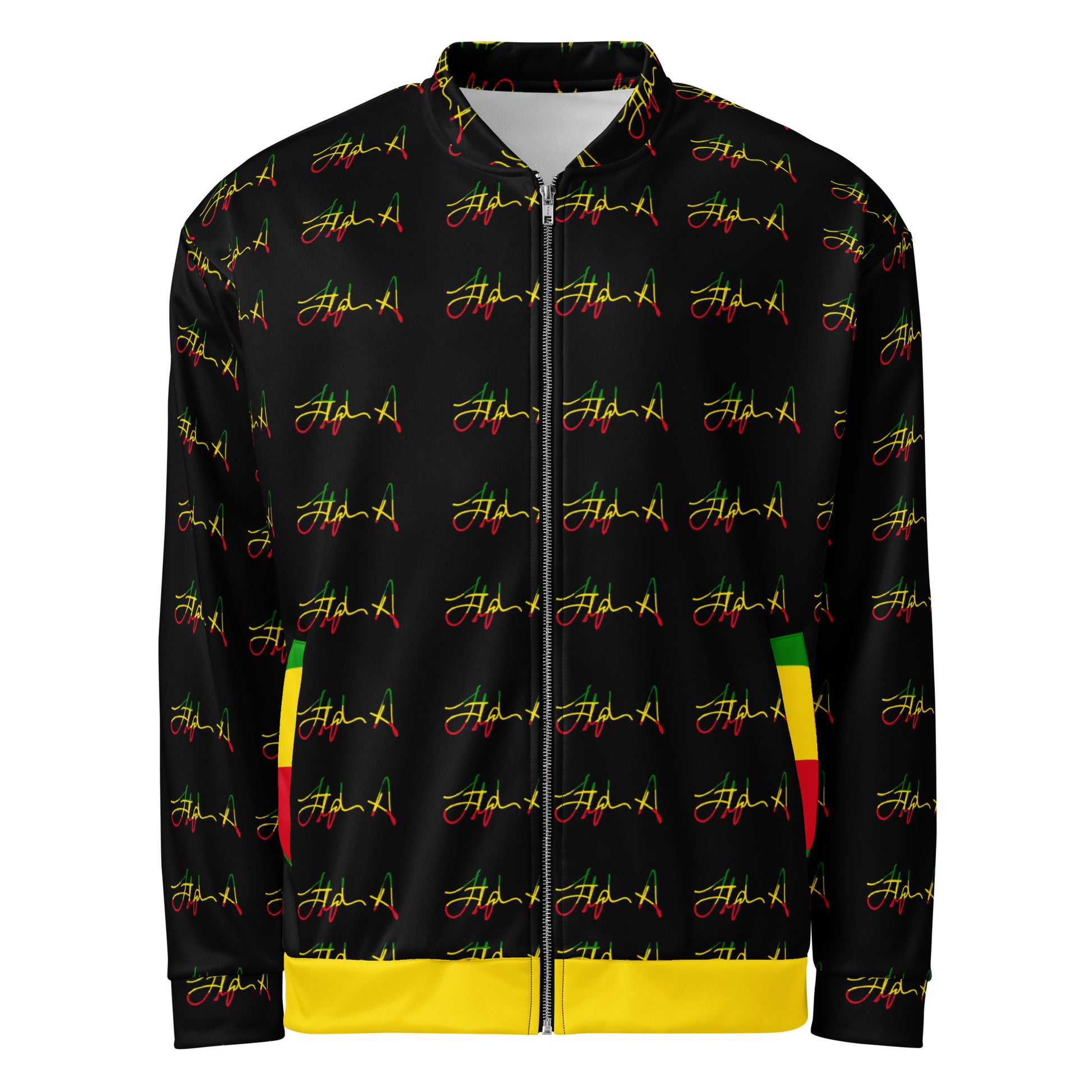 A black zip-up jacket featuring an all-over repeating script pattern in red, yellow, and green, with a solid yellow hem and matching yellow and green accents on the side pockets. Stephen Allen Music