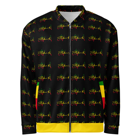A black zip-up jacket featuring an all-over repeating script pattern in red, yellow, and green, with a solid yellow hem and matching yellow and green accents on the side pockets. Stephen Allen Music