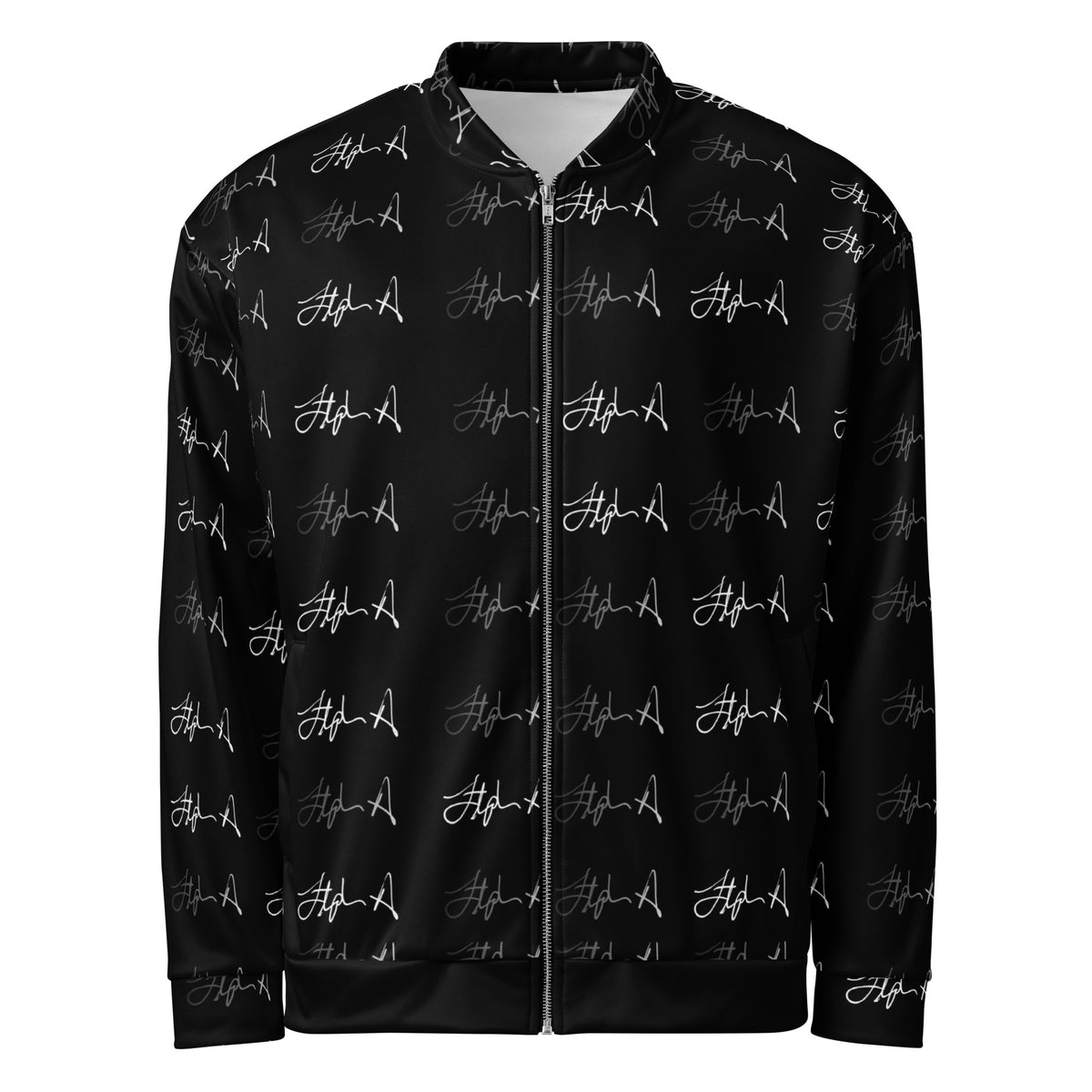 A black zip-up jacket with an all-over white script pattern, shown on a plain white background. Stephen Allen Music