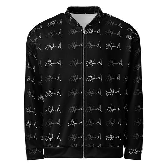 A black zip-up jacket with an all-over white script pattern, shown on a plain white background. Stephen Allen Music