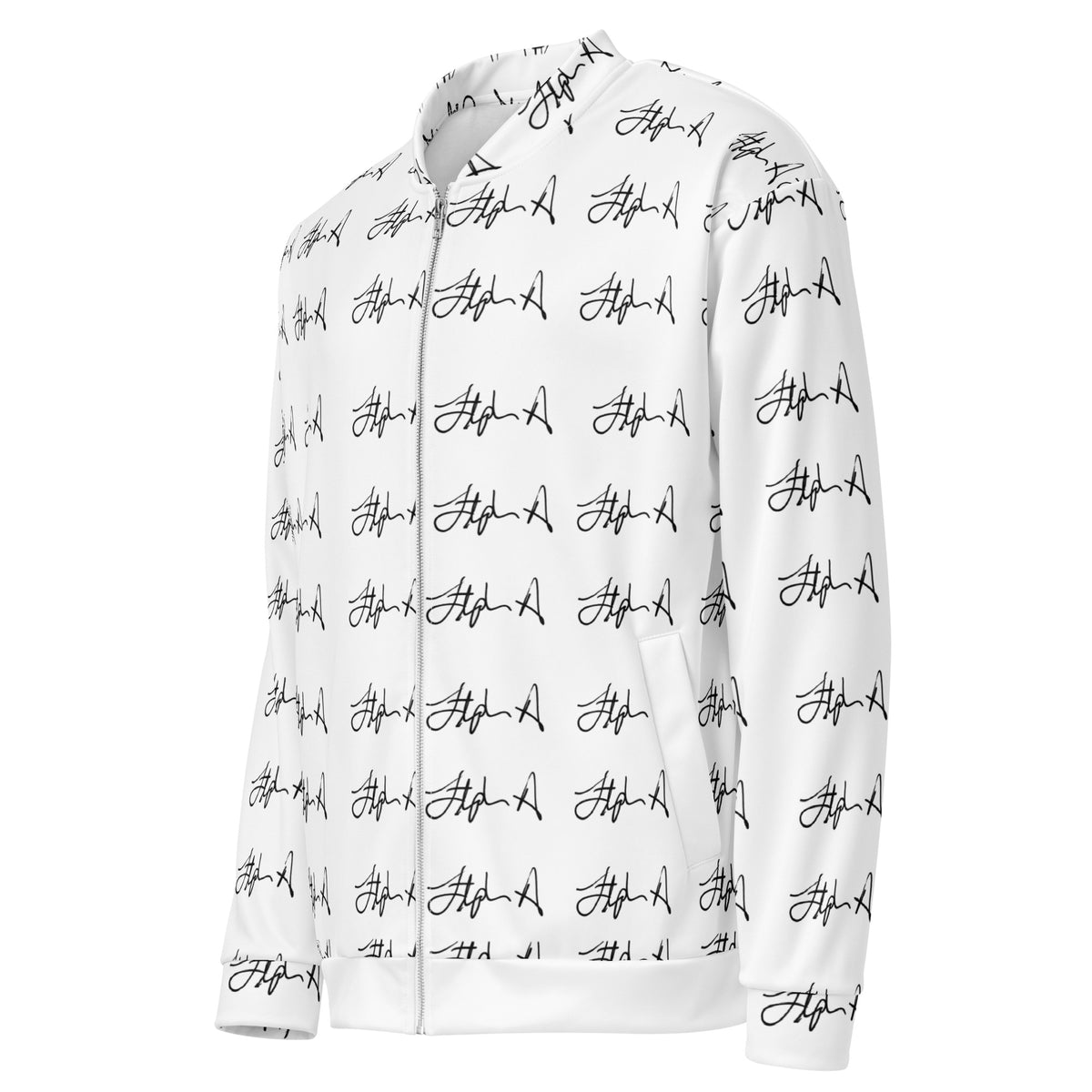 A white zip-up jacket with an all-over black script logo print, shown on a plain white background. Stephen Allen Music