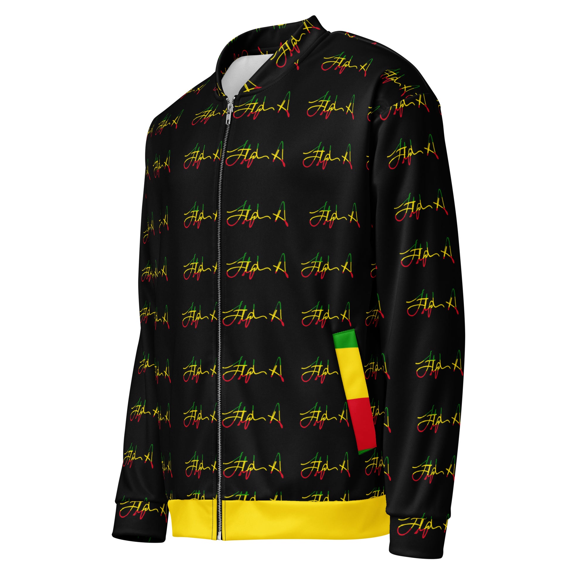 A black zip-up jacket featuring an all-over repeating script pattern in red, yellow, and green, with a solid yellow hem and matching yellow and green accents on the side pockets. Stephen Allen Music