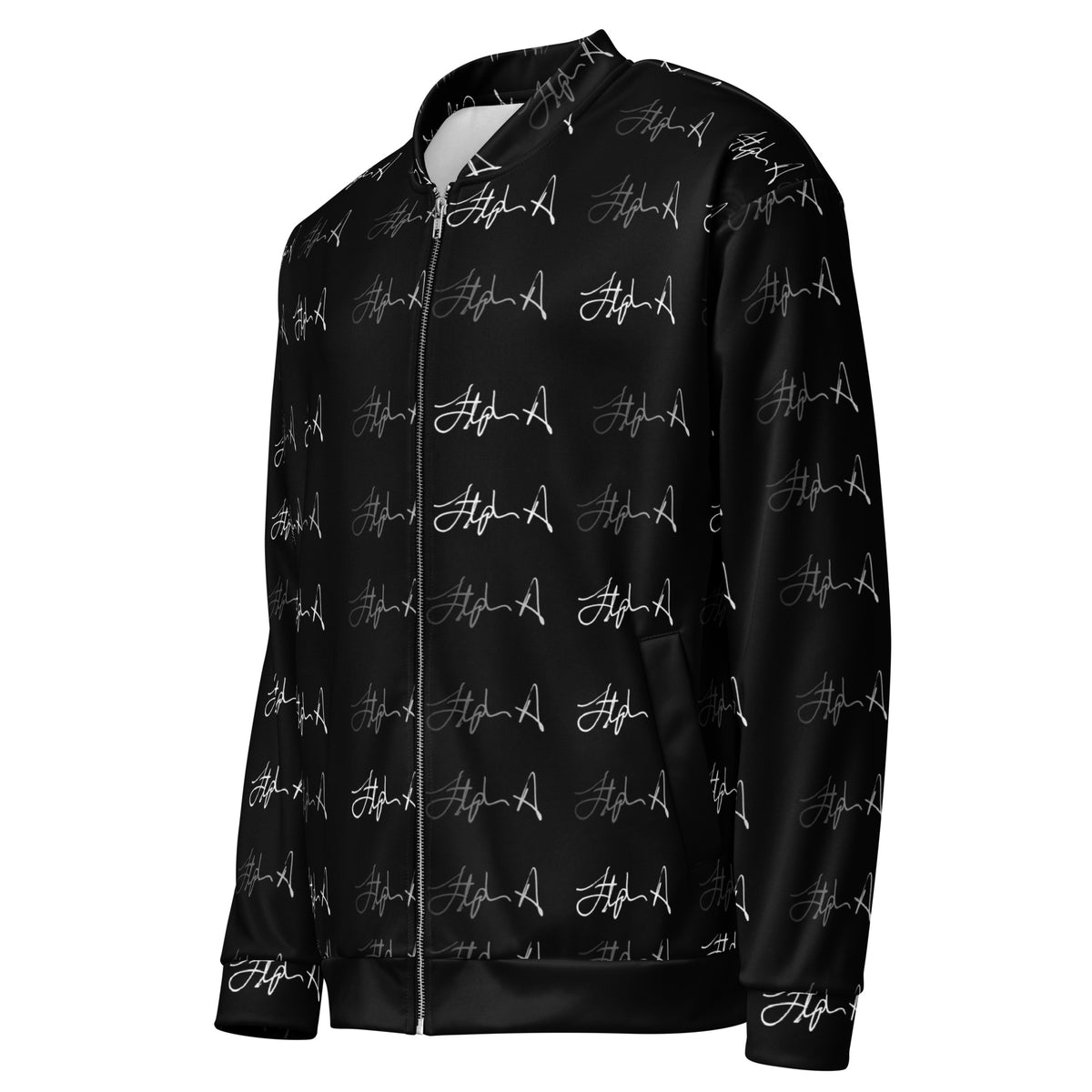 A black zip-up jacket with an all-over white script pattern, shown on a plain white background. Stephen Allen Music