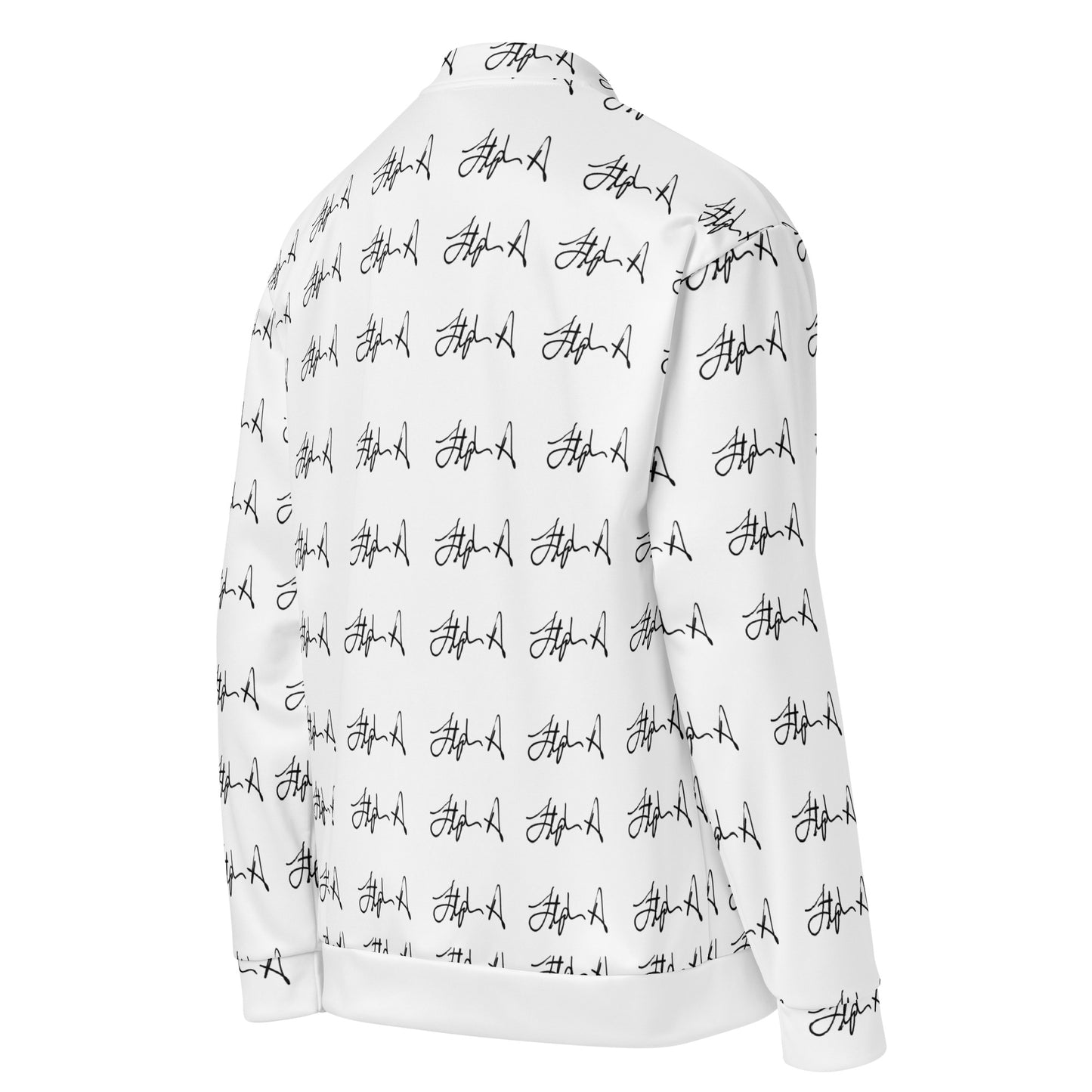 A white zip-up jacket with an all-over black script logo print, shown on a plain white background. Stephen Allen Music