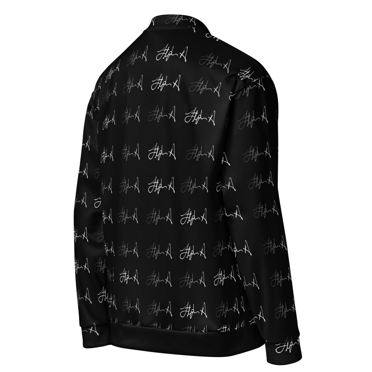 A black zip-up jacket with an all-over white script pattern, shown on a plain white background. Stephen Allen Music