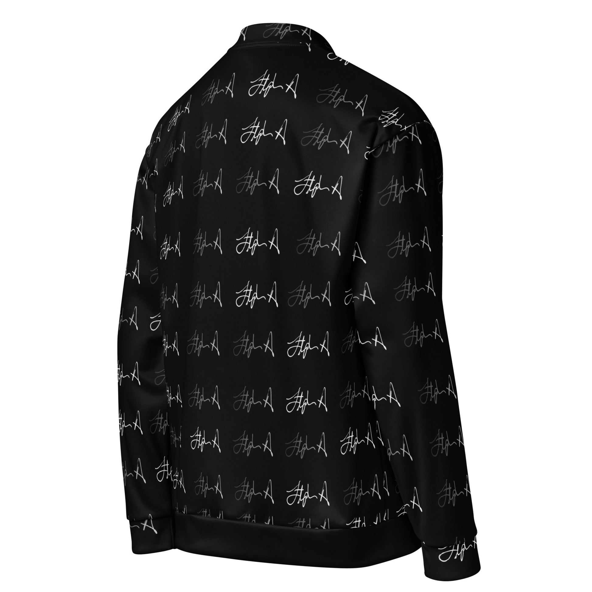 A black zip-up jacket with an all-over white script pattern, shown on a plain white background. Stephen Allen Music