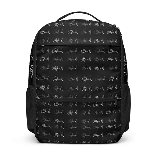 A black backpack featuring an all-over repeating white script logo pattern, shown against a plain white background. Stephen Allen Music