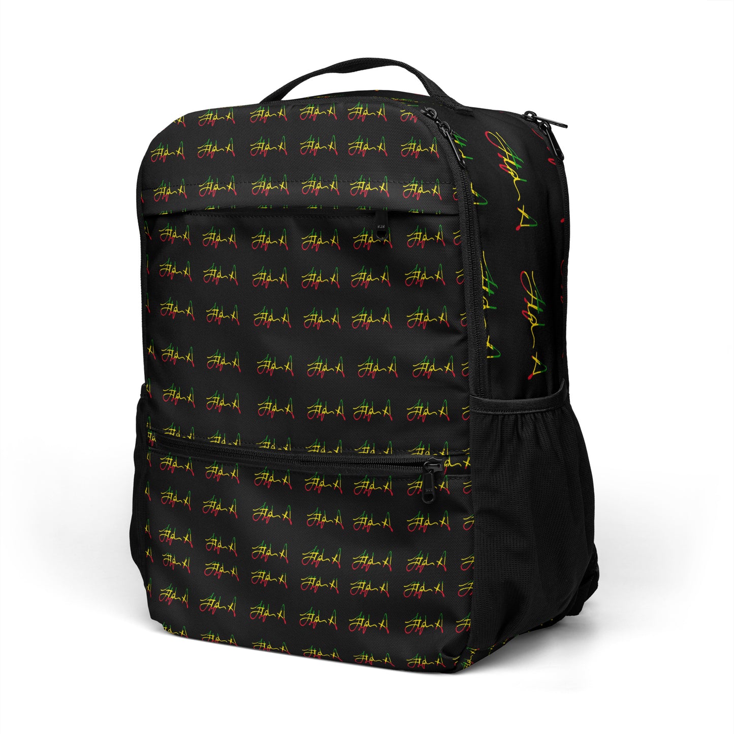 A black backpack featuring a repeating pattern of colorful graffiti-style script in yellow, green, and red, shown on a clean white background. Stephen Allen Music