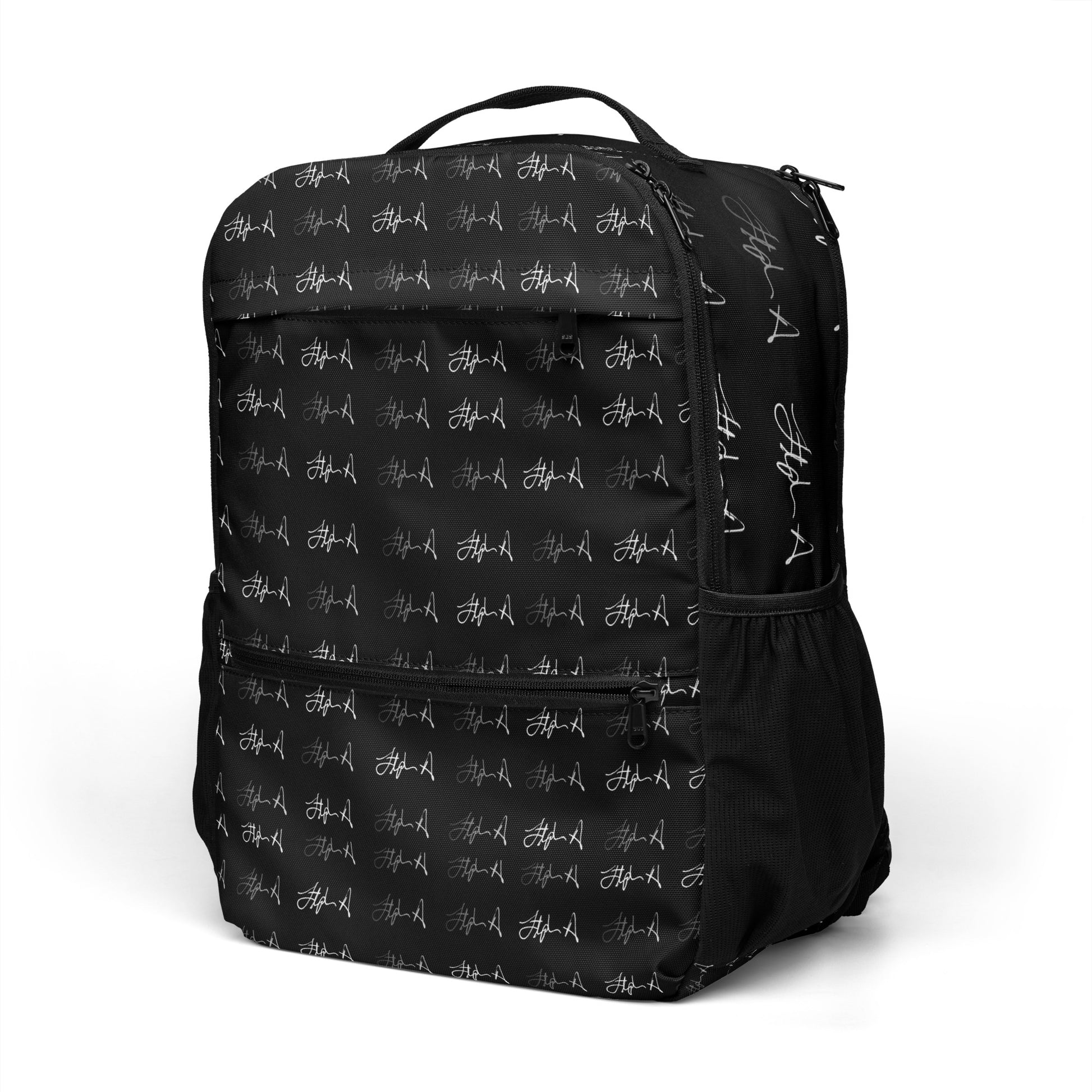 Black backpack with newspaper-style text pattern on a white background Stephen Allen Music