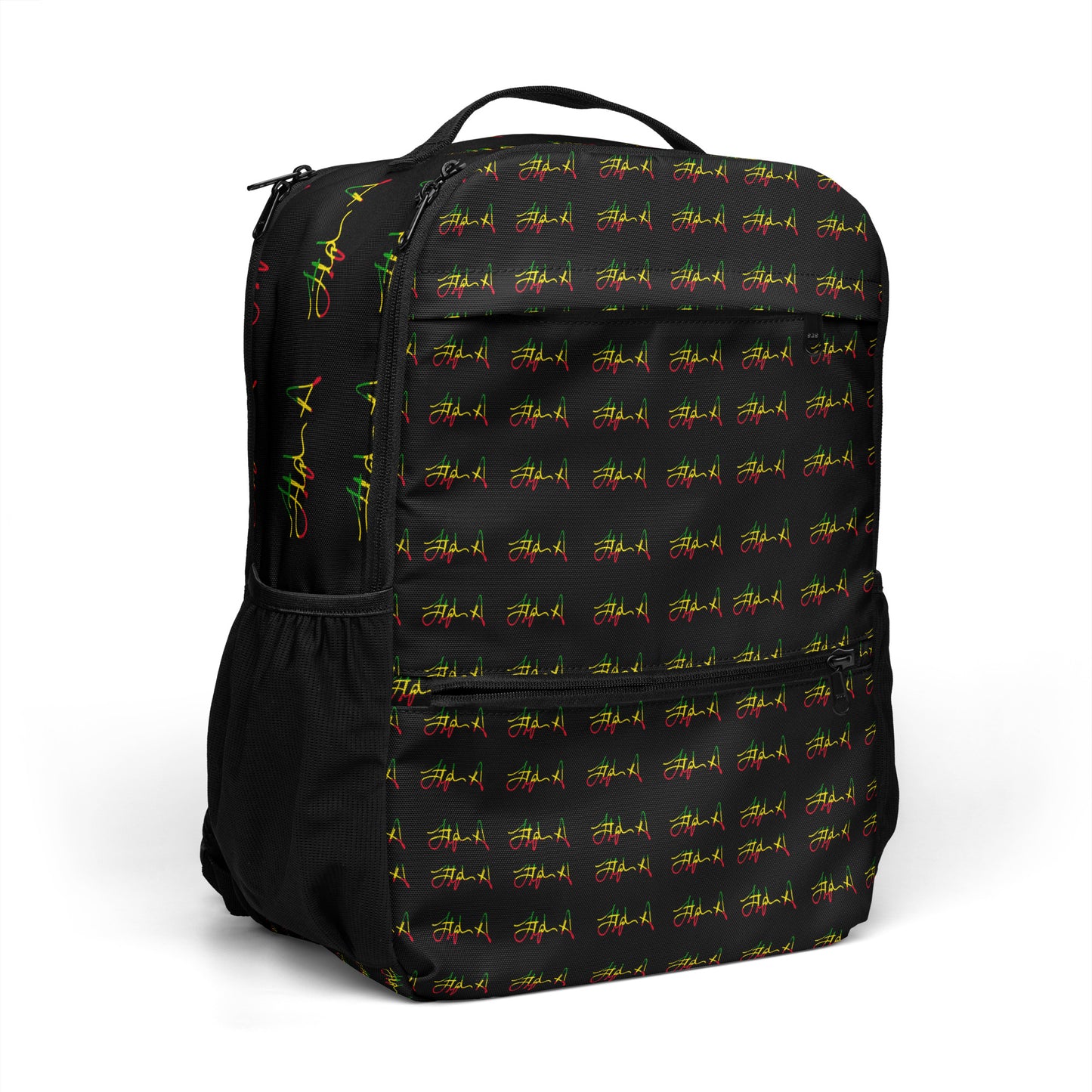A black backpack featuring a repeating pattern of yellow and red stylized script logos, with a black top handle and side pockets, shown on a plain white background. Stephen Allen Music