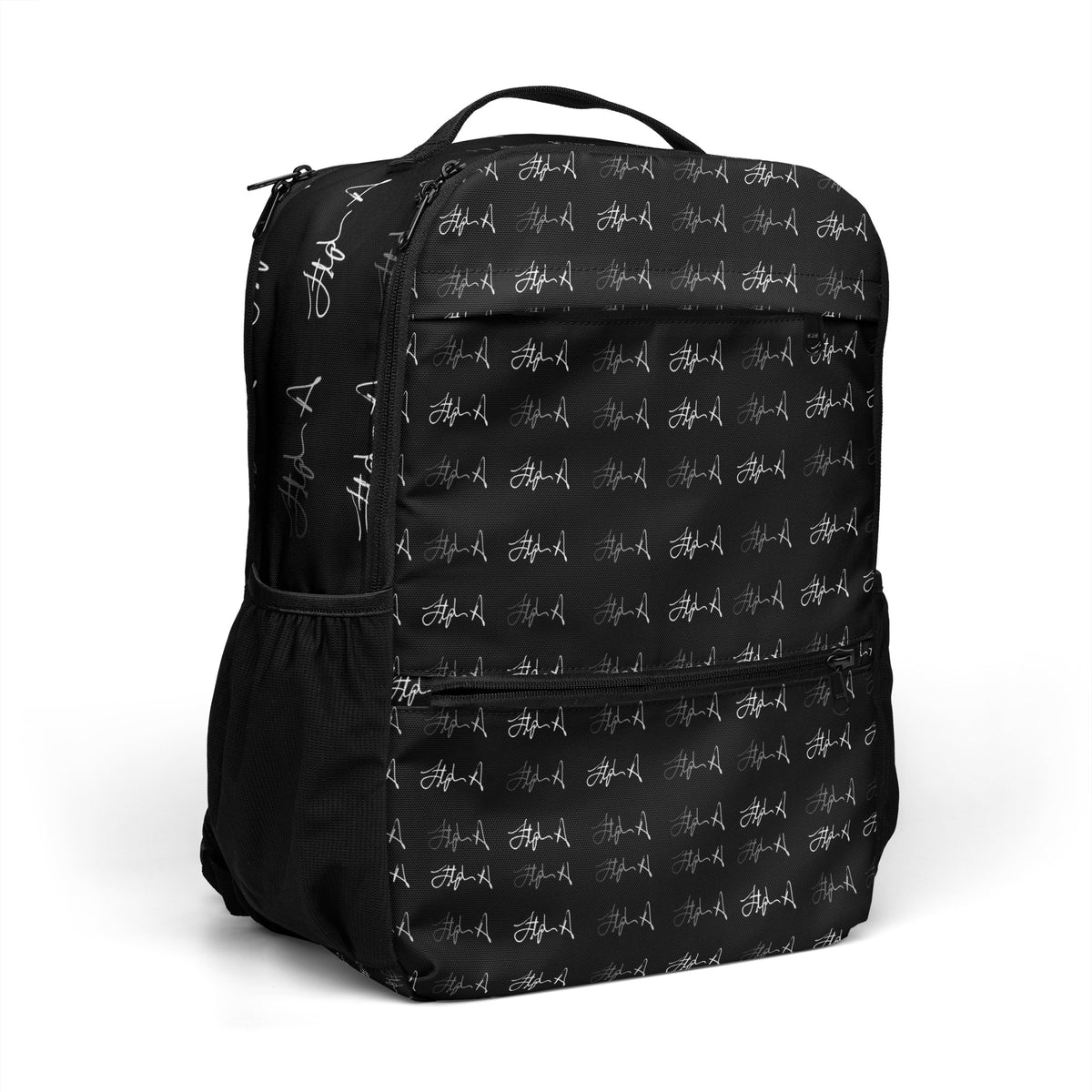 A black backpack featuring an all-over repeating white script pattern, shown on a clean white background. Stephen Allen Music