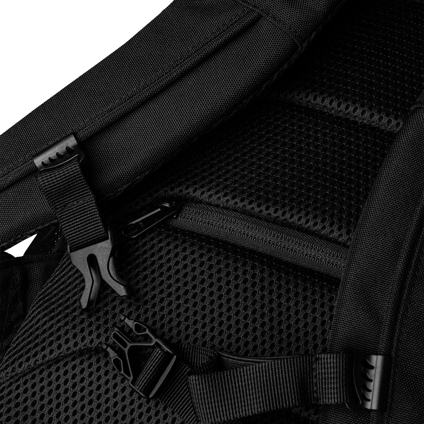 Close-up of a black backpack with straps and zippers on a white background Stephen Allen Music