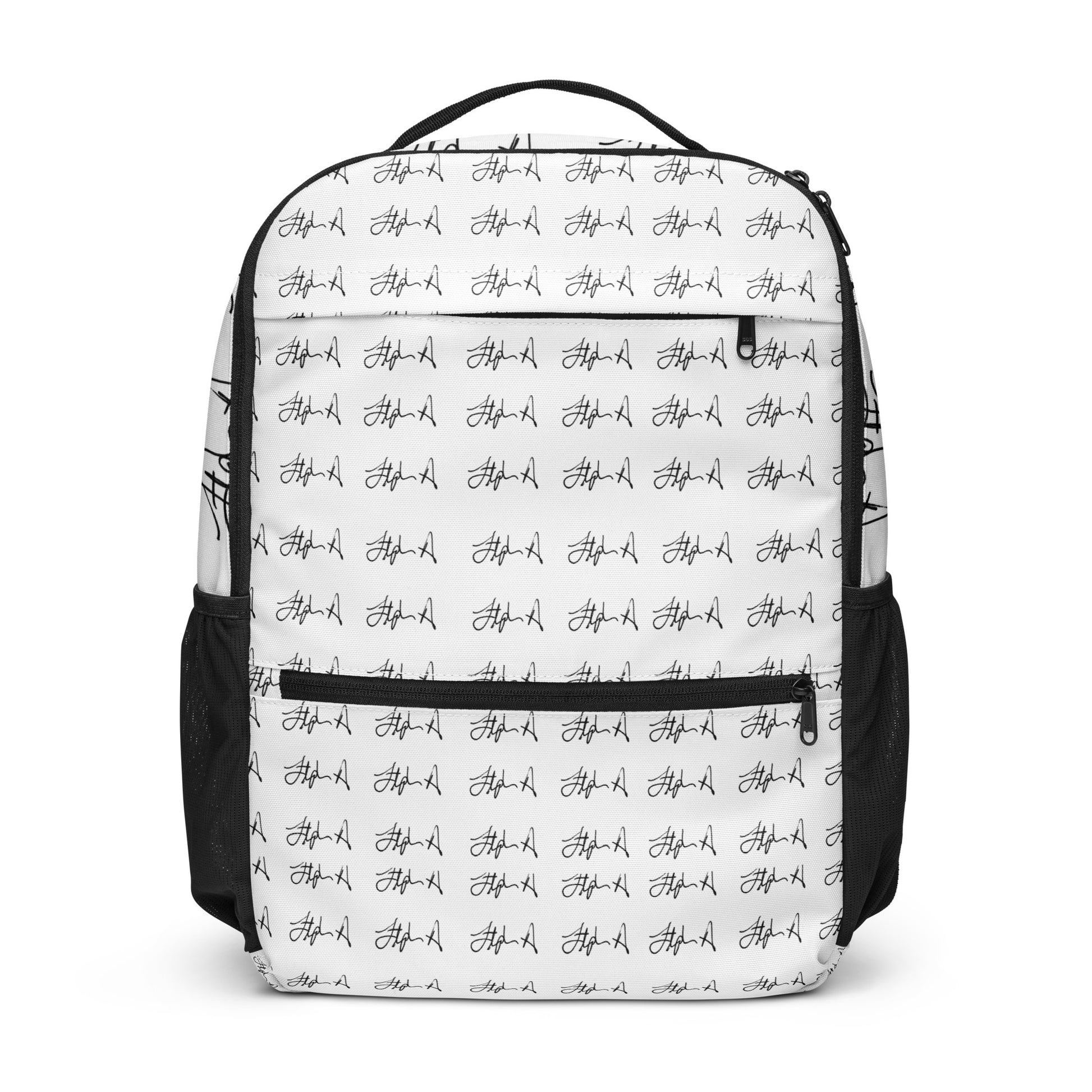White backpack with black accents on a white background Stephen Allen Music