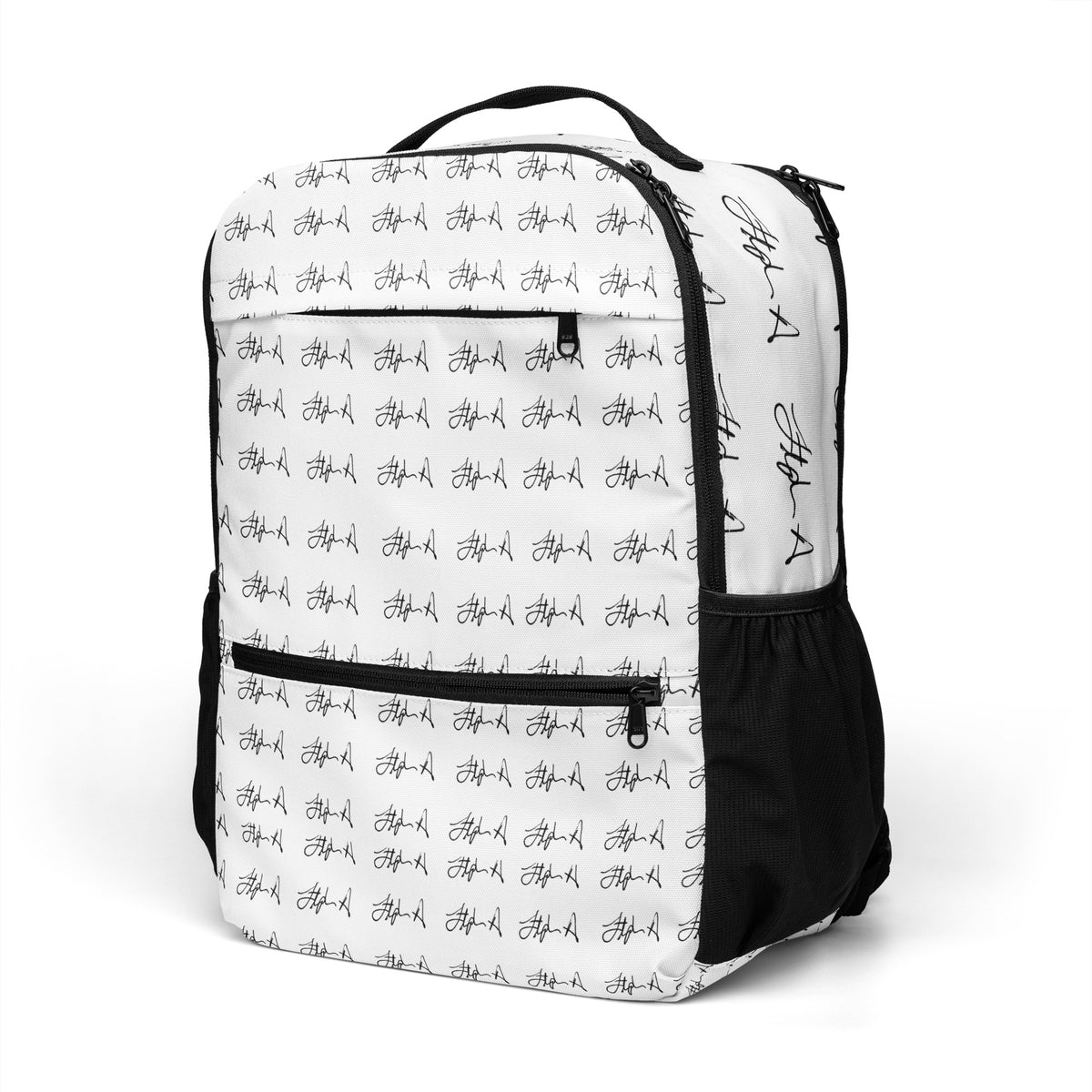 White backpack with black speckles and black zippers on a white background Stephen Allen Music