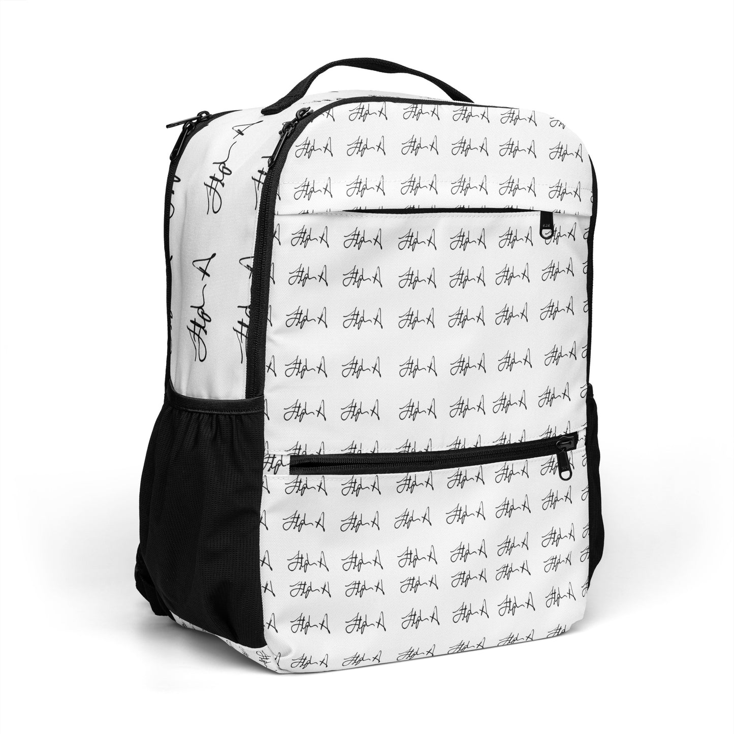 White backpack with black speckles and black accents on a white background Stephen Allen Music