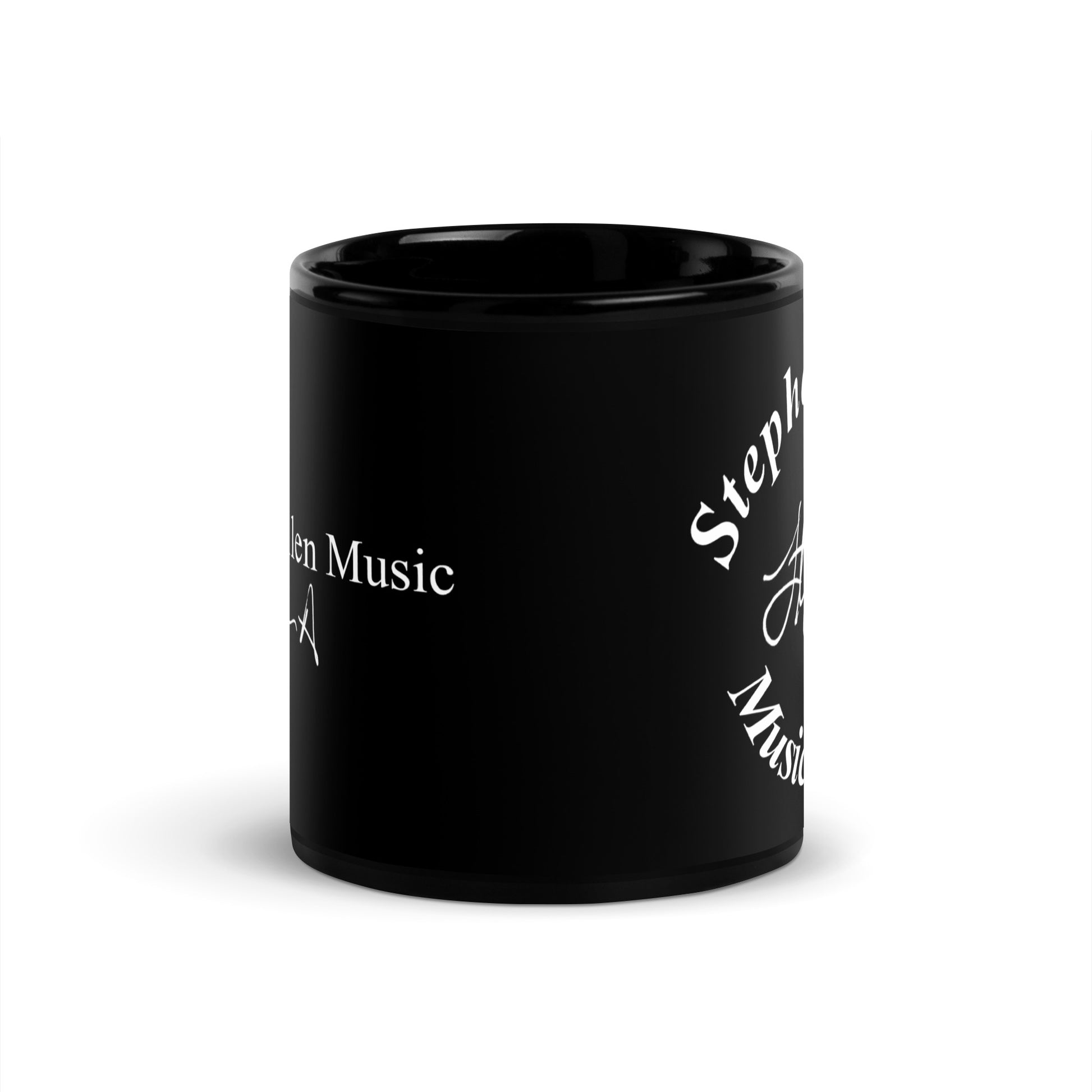 Black mug with 'Stephen King Music' text on a white background