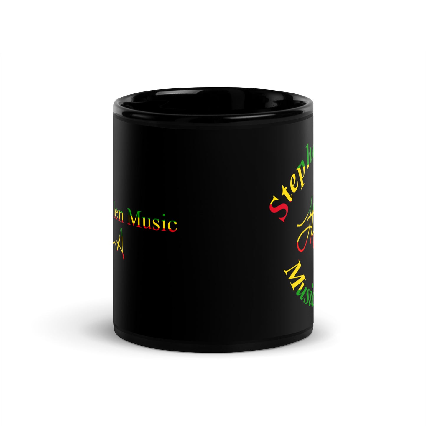 Black mug with colorful text on a white background Stephen Allen Music