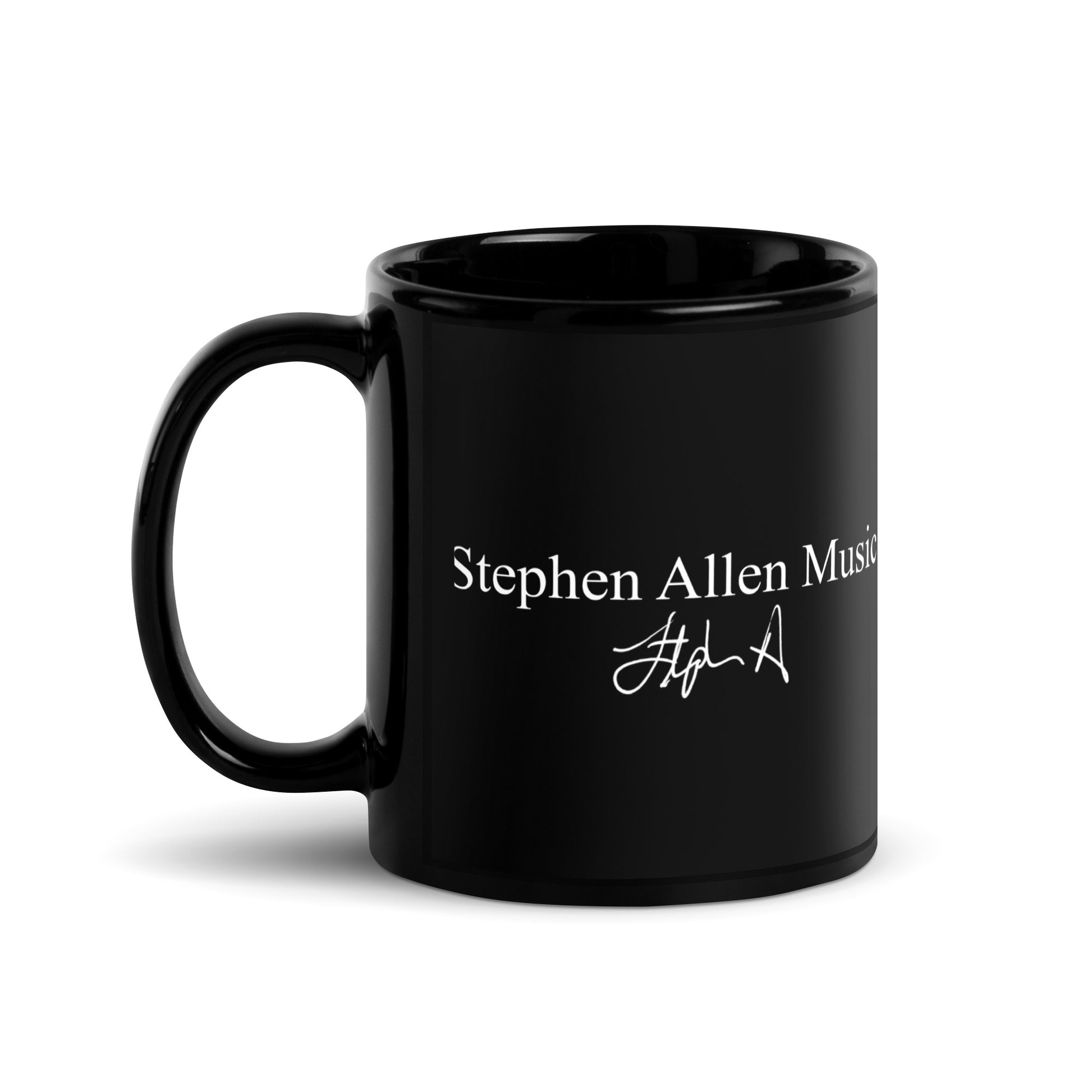 Black mug with 'Stephen Allen Music' text on a white background