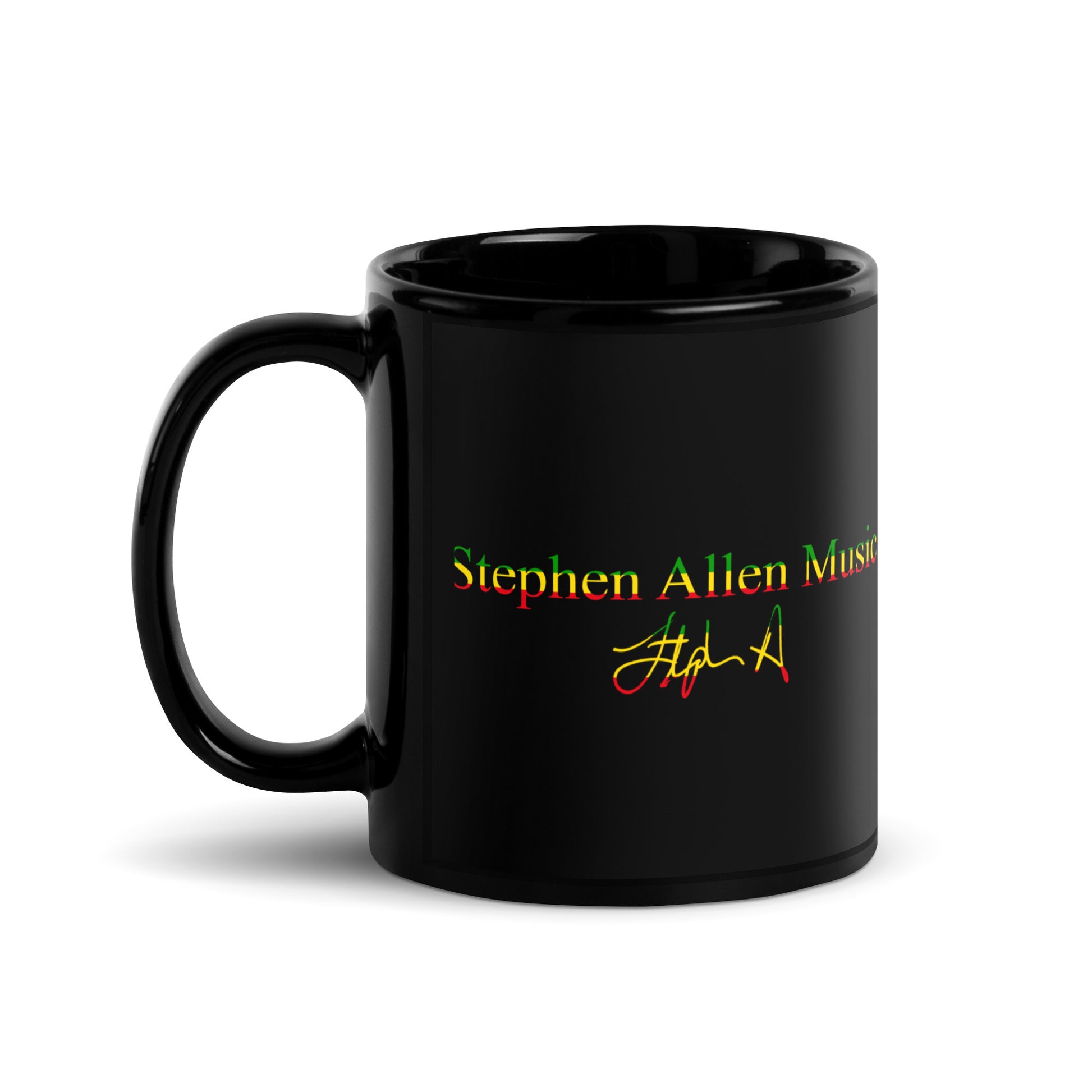 Black mug with 'Stephen Allen Music' text in multicolor on a white background Stephen Allen Music