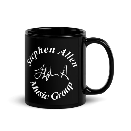 Black mug with 'Stephen Allen Music Group' text and logo on a white background