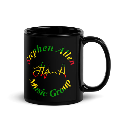 Black mug with colorful text and logo on a white background Stephen Allen Music