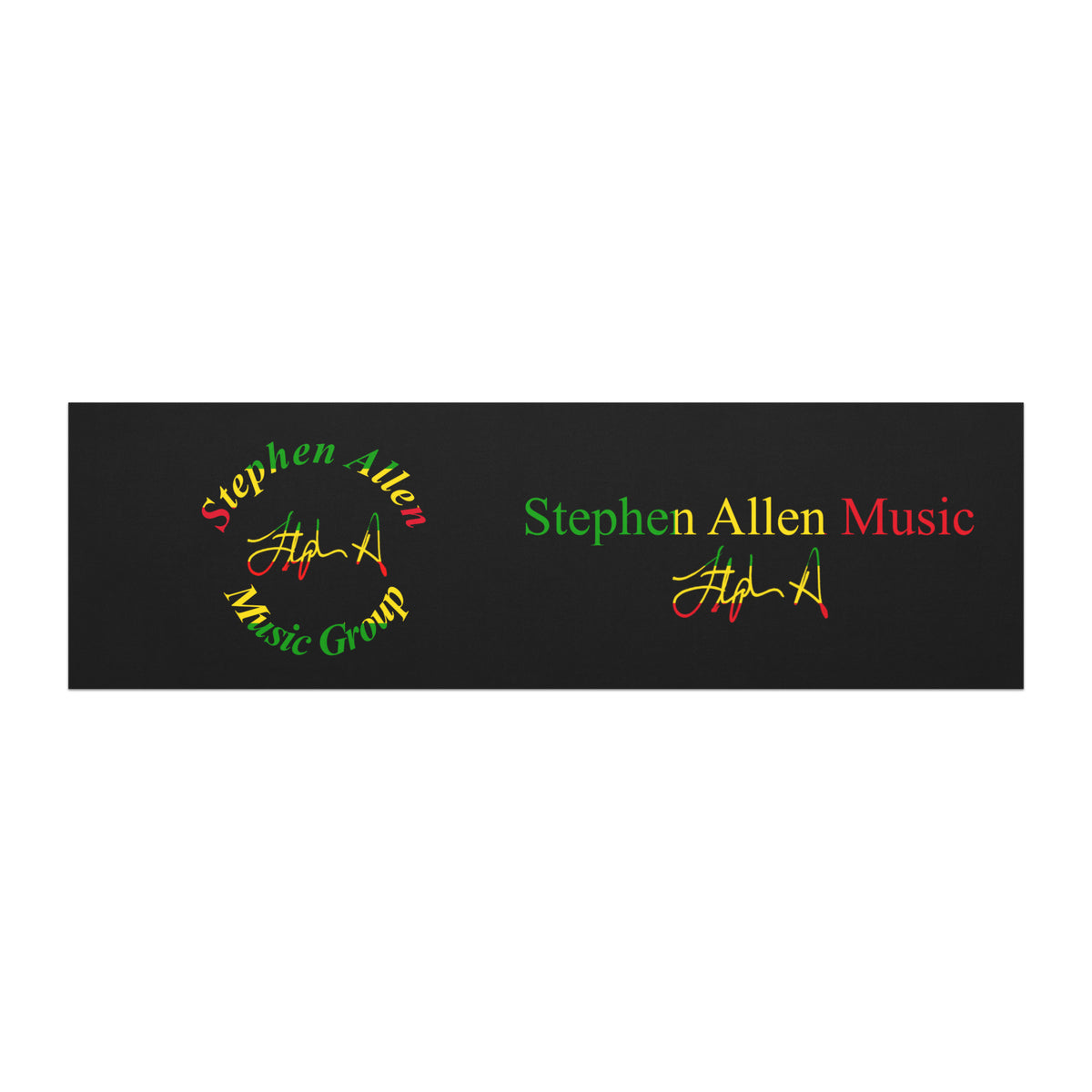 A black rectangular banner or sticker featuring Stephen Allen Music branding, with two stylized signatures and the text 'Stephen Allen Music' in green, yellow, and red on a white background.