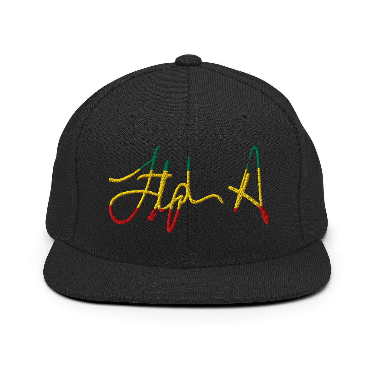 A black flat-brim baseball cap featuring a stylized embroidered signature logo in yellow, green, and red thread on the front panel, set against a plain white background. Stephen Allen Music