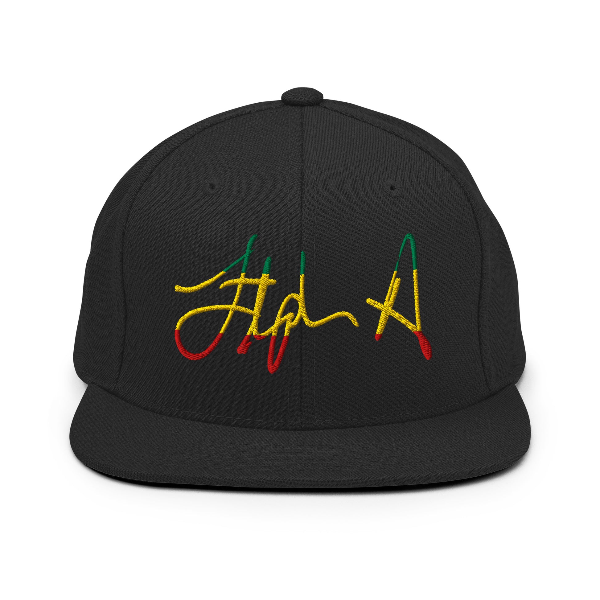 A black flat-brim baseball cap featuring a stylized embroidered signature logo in yellow, green, and red thread on the front panel, set against a plain white background. Stephen Allen Music