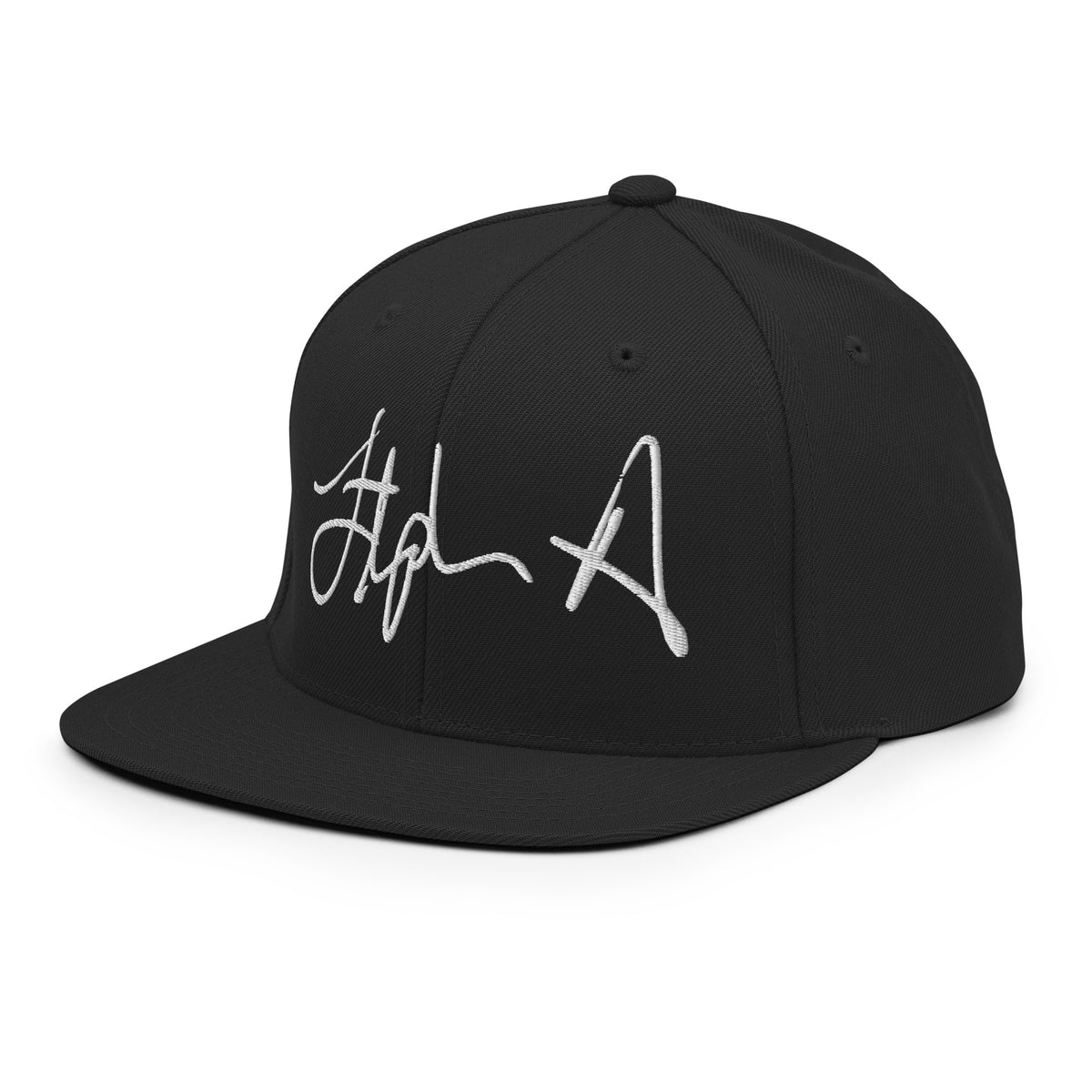 A black flat-brim baseball cap featuring a stylized embroidered signature logo in white thread on the front panel, set against a plain white background. Stephen Allen Music