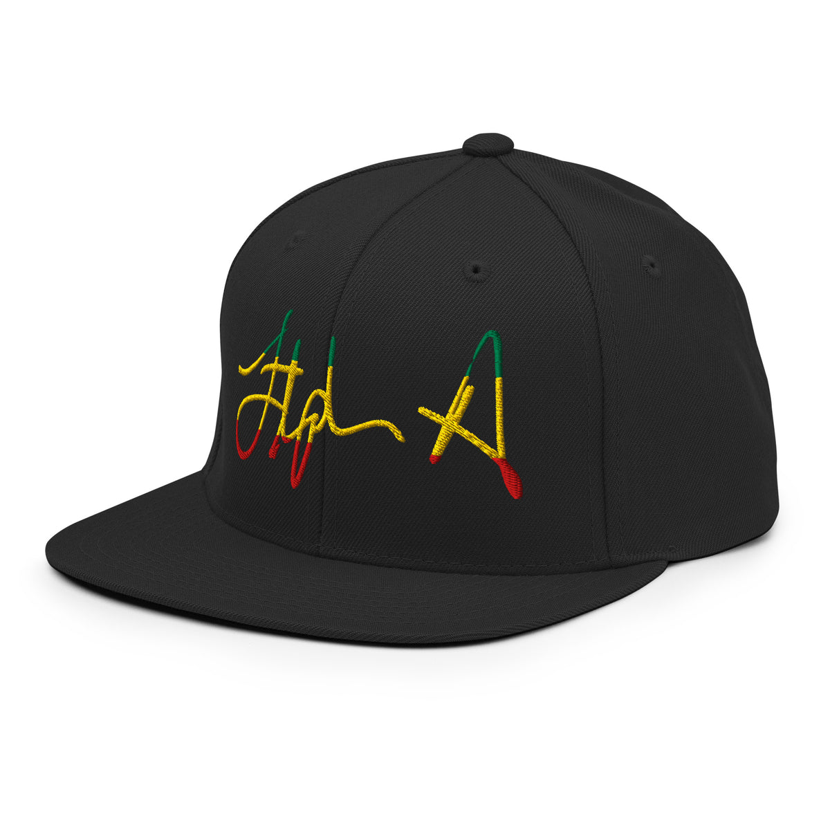 A black flat-brim baseball cap featuring a stylized embroidered signature logo in yellow, green, and red thread on the front panel, set against a plain white background. Stephen Allen Music