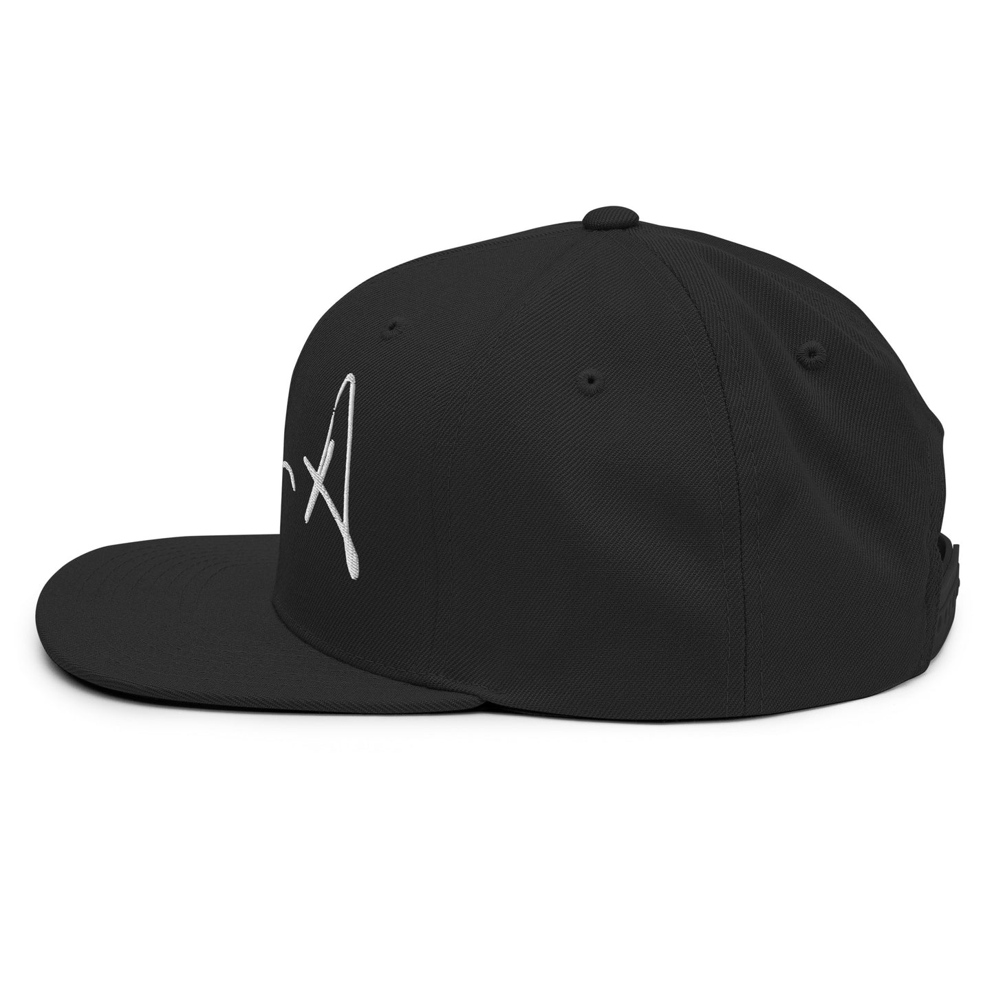 A black flat-brim baseball cap featuring a stylized embroidered signature logo in white thread on the front panel, set against a plain white background. Stephen Allen Music