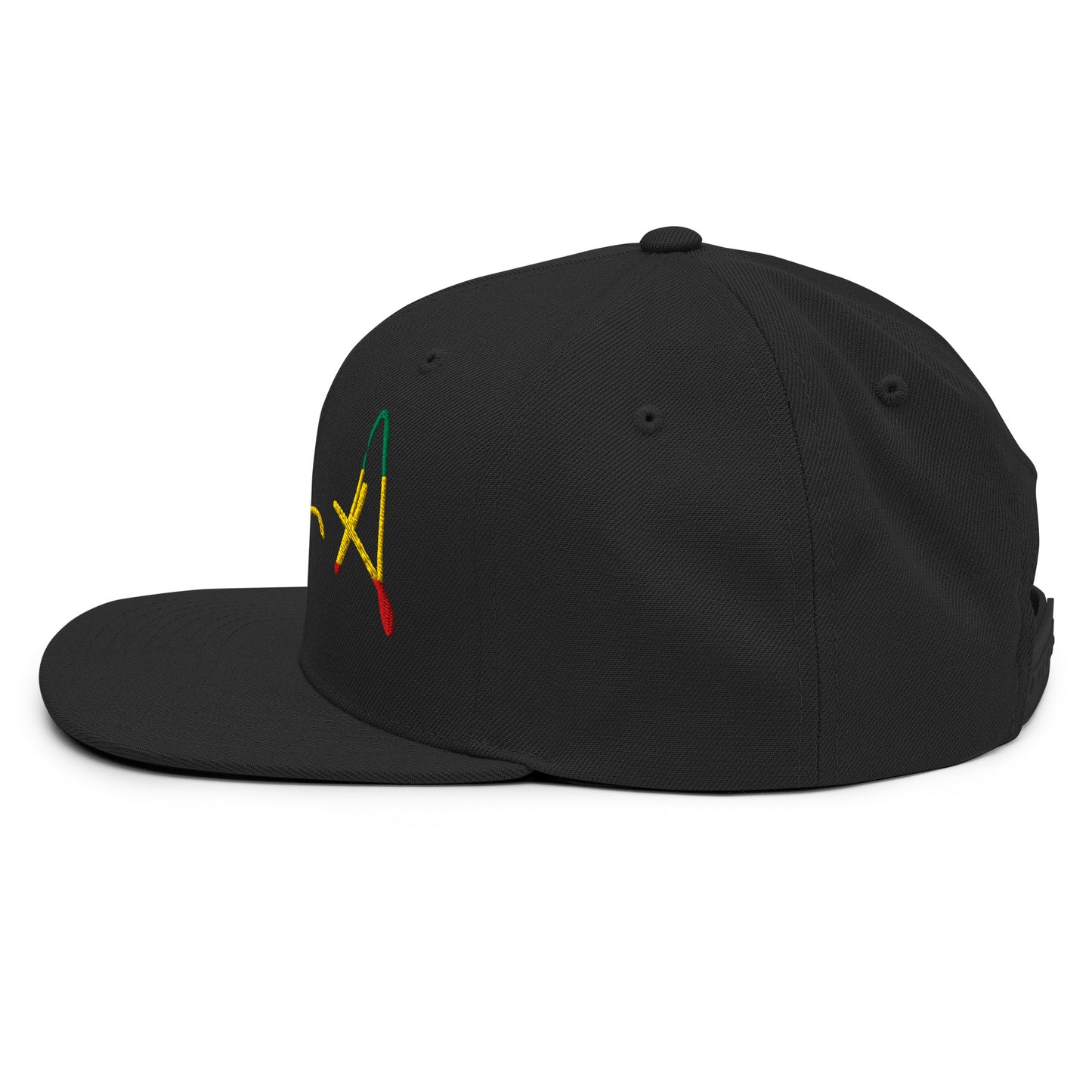 A black flat-brim baseball cap featuring a stylized embroidered signature logo in yellow, green, and red thread on the front panel, set against a plain white background. Stephen Allen Music