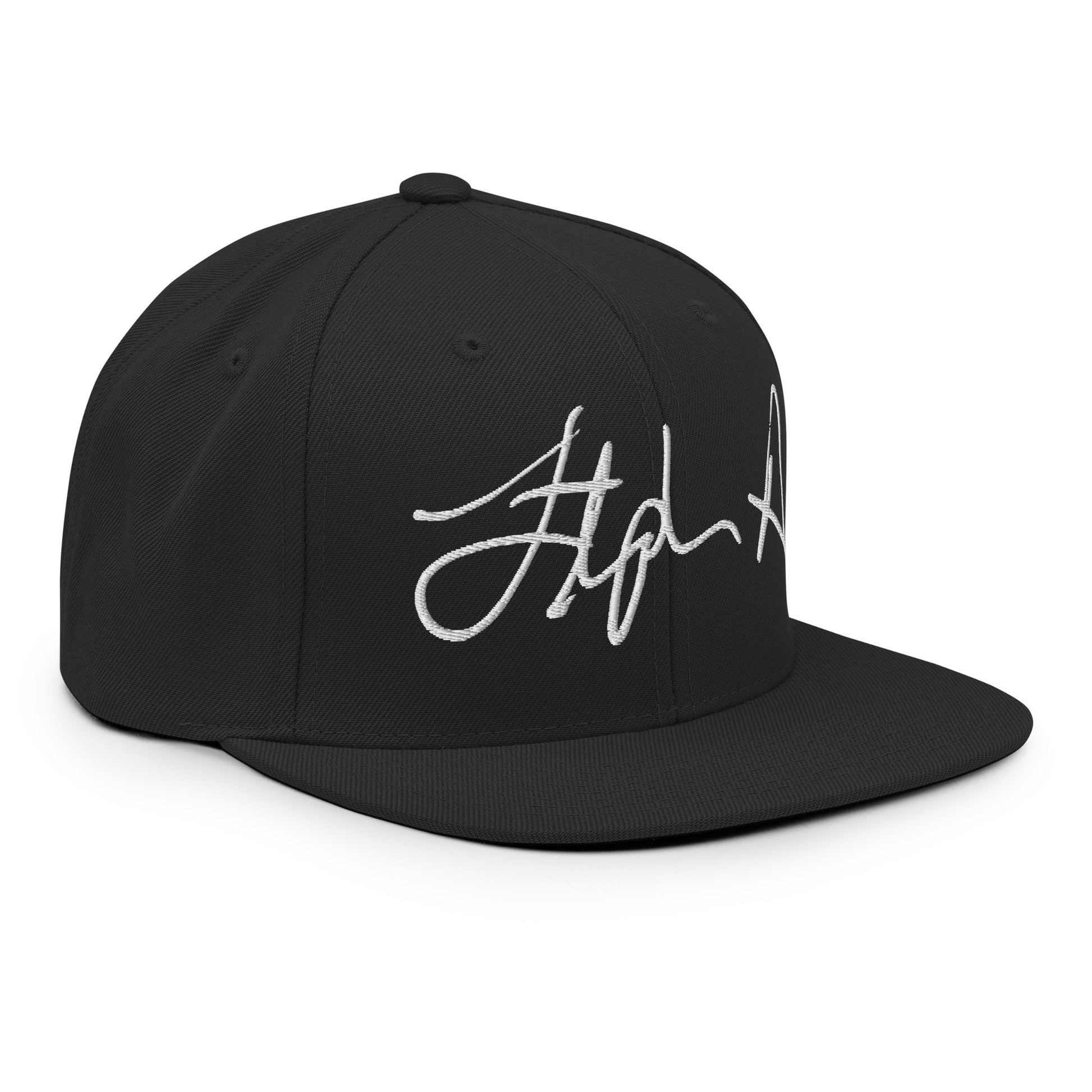 A black flat-brim baseball cap featuring a stylized embroidered signature logo in white thread on the front panel, set against a plain white background. Stephen Allen Music