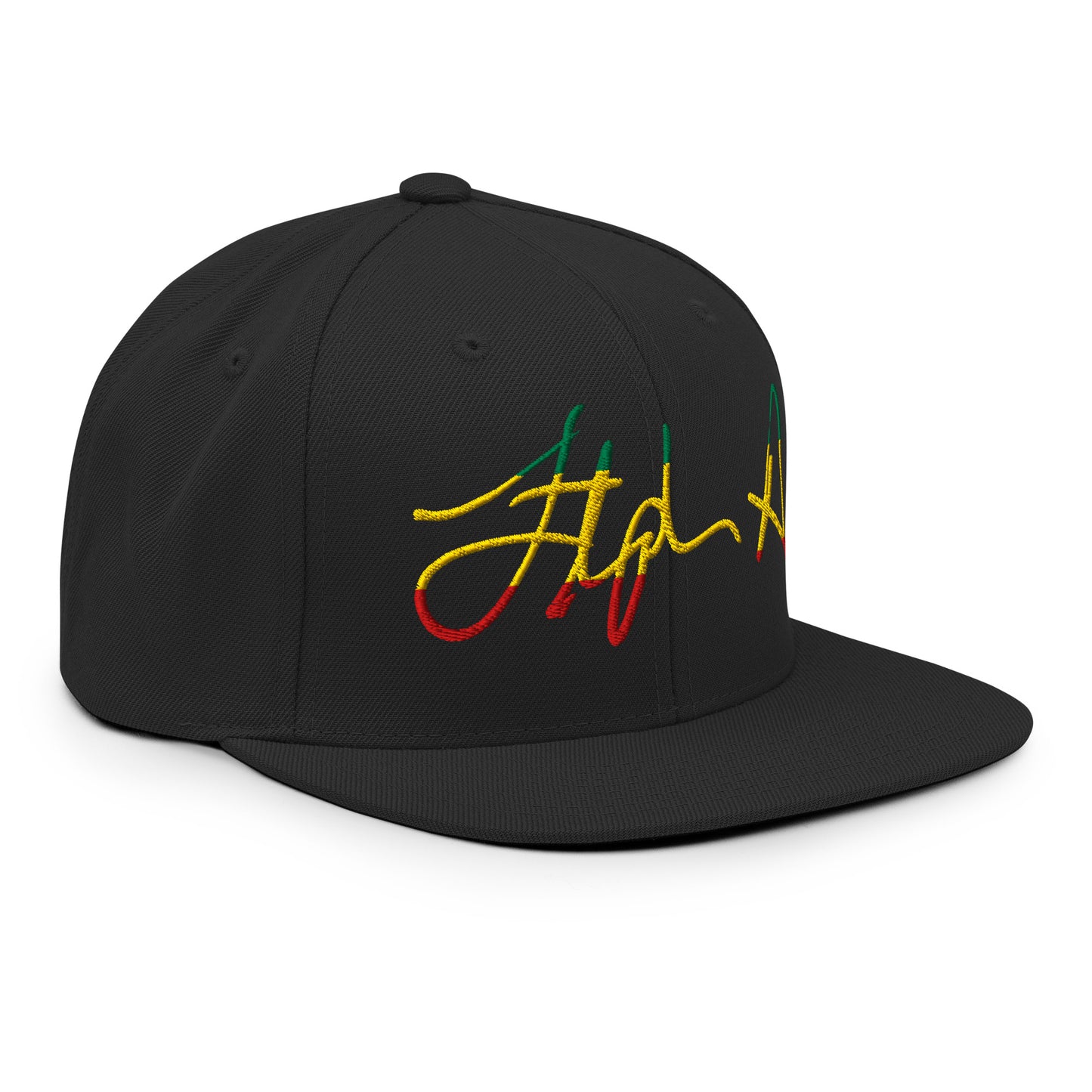 A black flat-brim baseball cap featuring a stylized embroidered signature logo in yellow, green, and red thread on the front panel, set against a plain white background. Stephen Allen Music