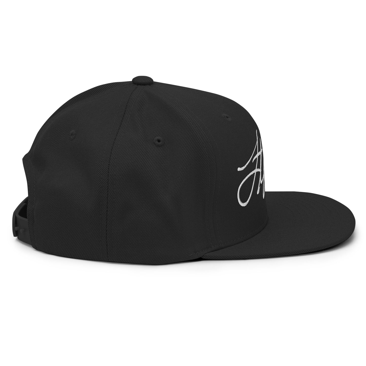 A black flat-brim baseball cap featuring a stylized embroidered signature logo in white thread on the front panel, set against a plain white background. Stephen Allen Music