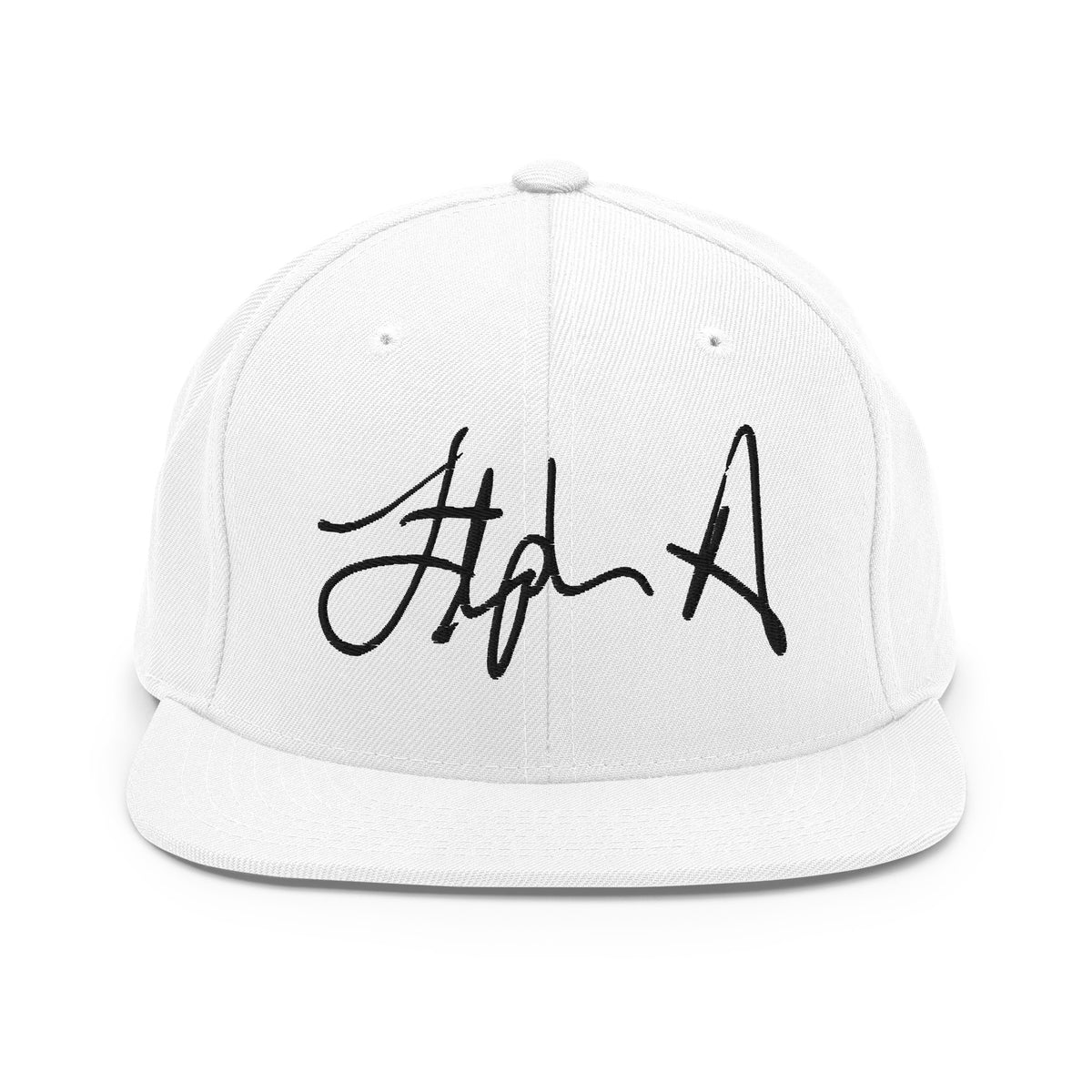 A white structured snapback cap with a black embroidered script logo on the front, shown against a plain white background. Stephen Allen Music